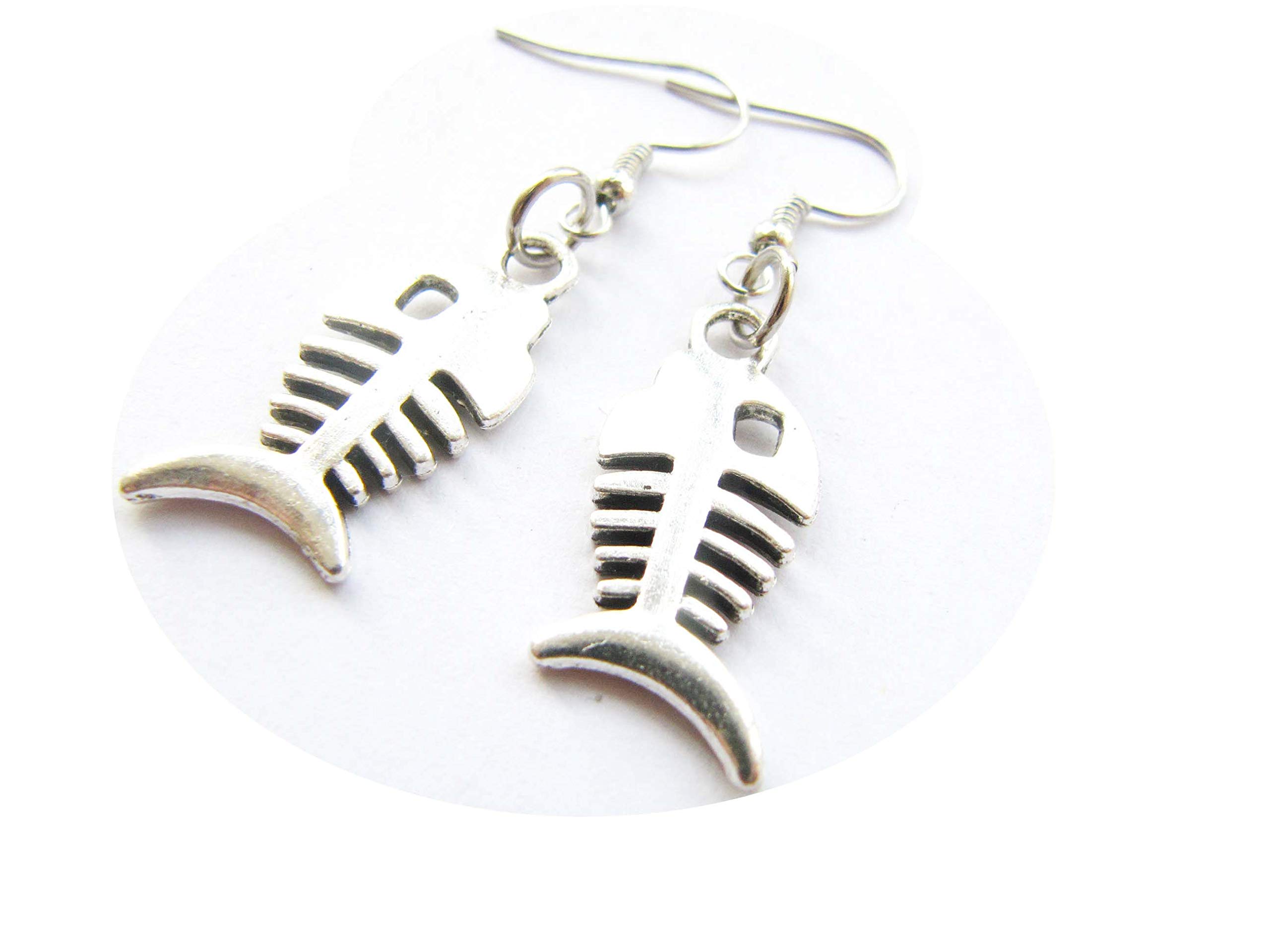 Fish Bone Earrings - Dainty Sealife Jewelry, Skeleton Fish Charm Earrings - View #9