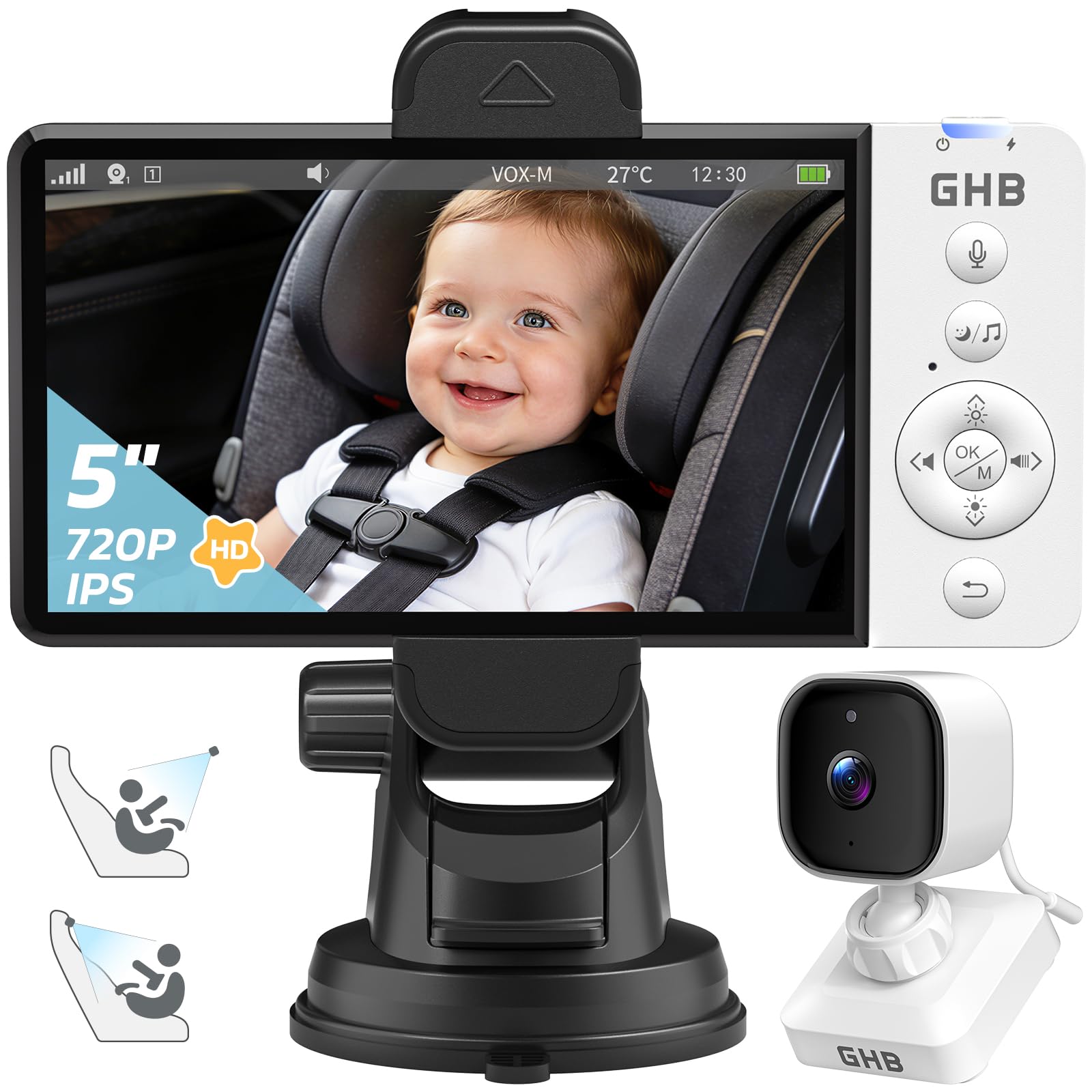 GHB Baby Car Camera with 5 Inch Monitor, Wireless 2-in-1 Baby Car Monitor for Backseat and Home, 720P HD Night Vision, No Wi-Fi