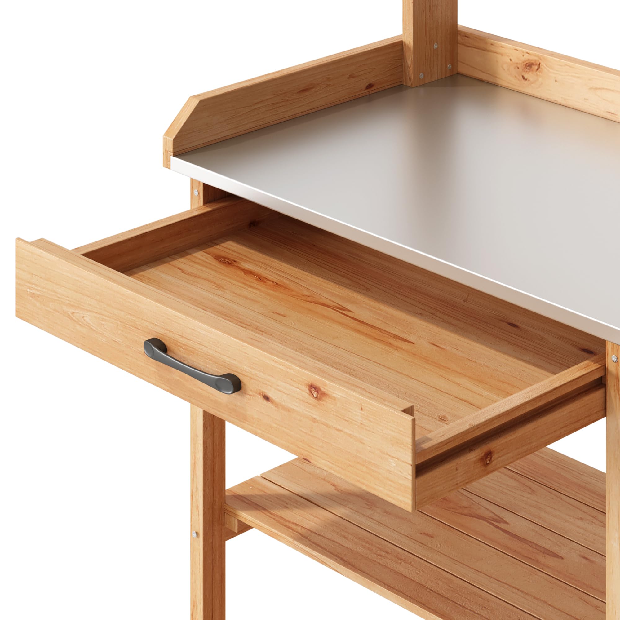 Mesa de Jardinería, Mesa para Plantas, Mesa de Trabajo de Jardín de Madera Maciza con Encimera, Estante Ajustable y Armario, Balcón, Terraza, 112x46x125 cm (Natural)