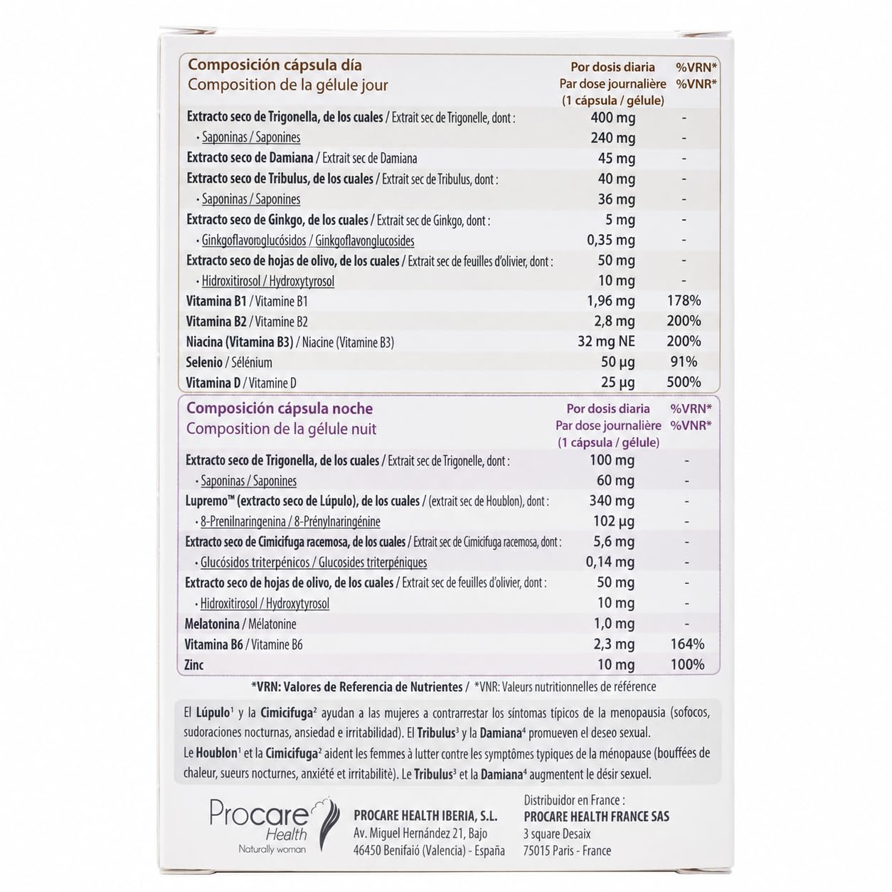Procare Health Libicare Meno 60 Cápsulas (Día y Noche) - Suplemento para la Menopausia, Libido, Sofocos y Sueño - Con Cimicifuga, Lúpulo, Melatonina, Zinc y Vitaminas