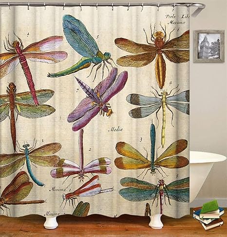 Amazon シャワーカーテン 自然科学トンボ標本イラストプリント バスカーテン 防水防カビ加工 風呂カーテン リング付き 浴室 間仕切おしゃれなプリントカーテン 取付簡単 軽量 速乾 バス用品 Size 59 X72 シャワーカーテン ホーム キッチン オンライン通販