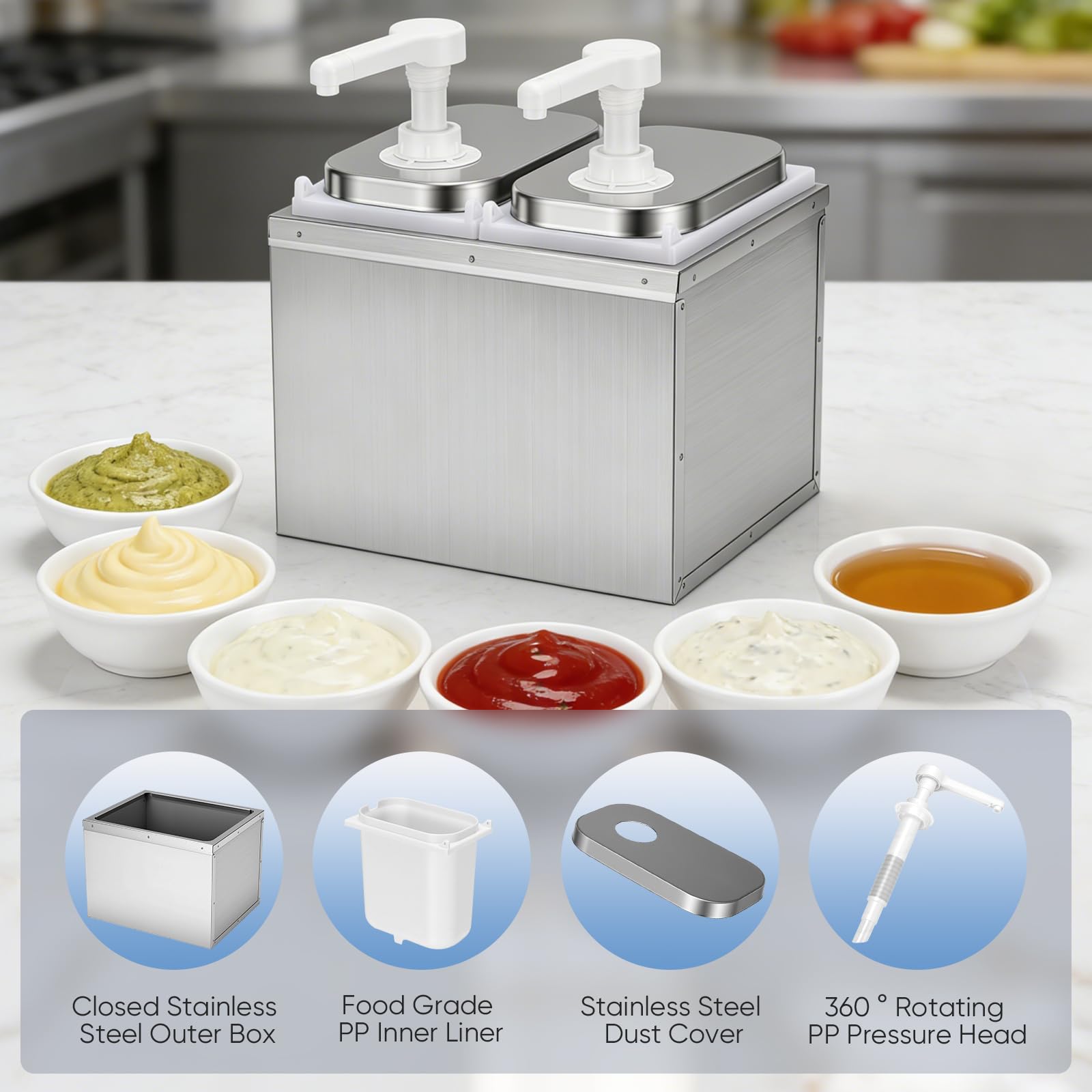 Dispensador de salsa de ketchup de 4 litros, estación de bombeo, acero inoxidable 304, apto para alimentos, apto para lavavajillas, sin goteo, ideal para ketchup, mayonesa, mostaza, miel, 2 ×