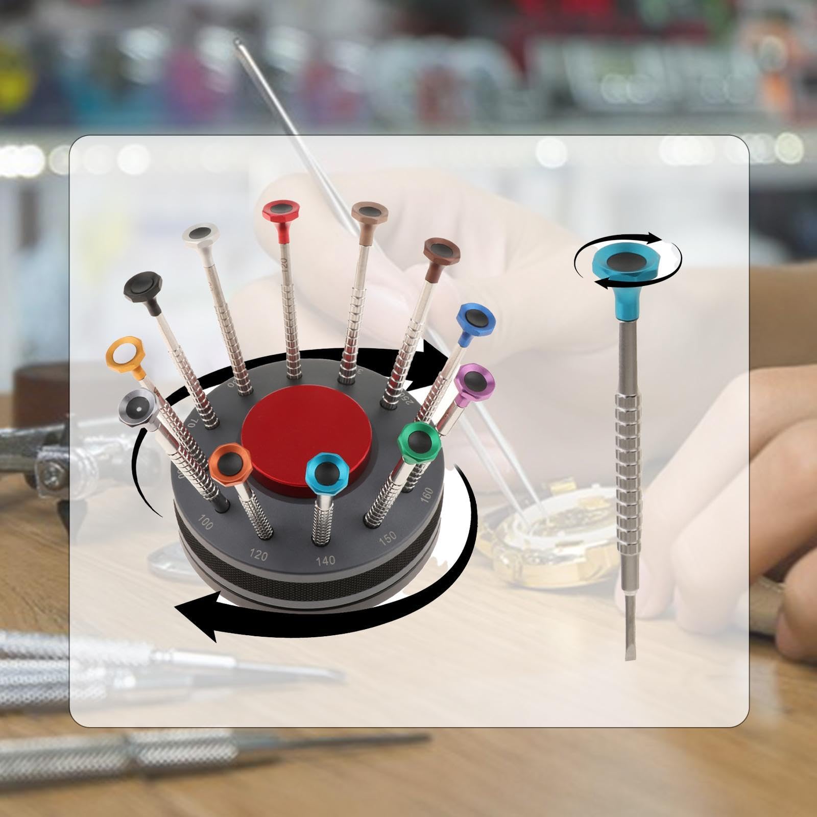 Qianly Juego de destornilladores para relojes, giratorios, ergonómicos, profesionales, para relojeros, kit de herramientas de reparación de relojes para, Base Gris