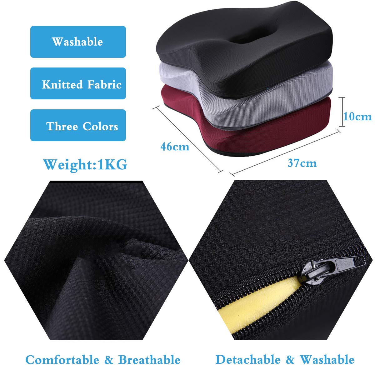 Cojín del Asiento Cojin Ortopédico de Espuma de Memoria Cojines Sillas Ergonomico Cojin Coxis Transpirable Cómodo para la Oficina Casa Coche Silla de Ruedas Gris
