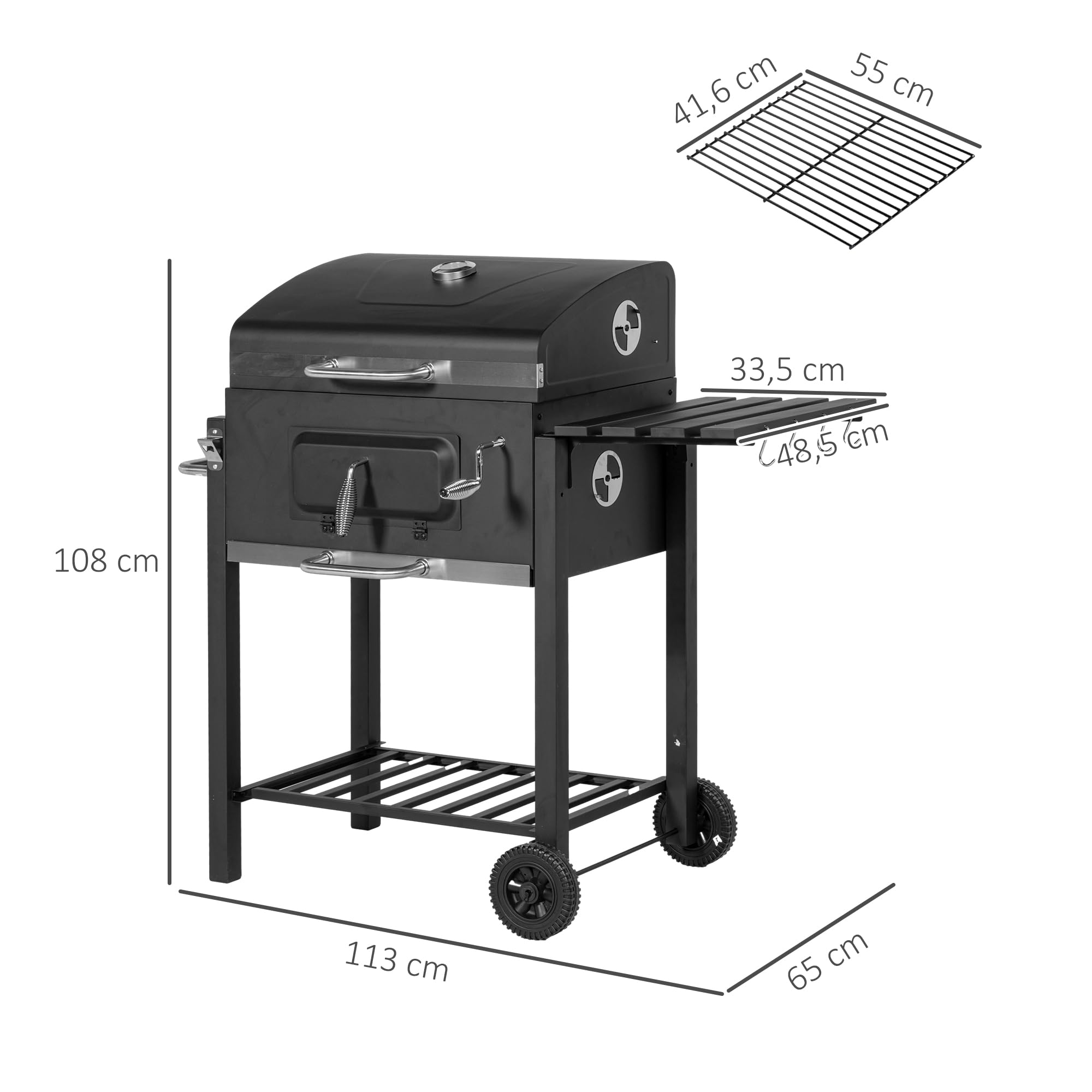 Outsunny Grill na węgiel drzewny ze stali nierdzewnej, BBQ Smoker z pokrywką, termometrem, kółkami, wanną węglową, uchwytem, półką, na wózek węglowy, grill stojący, na kemping, do ogrodu, 115 x 67 x