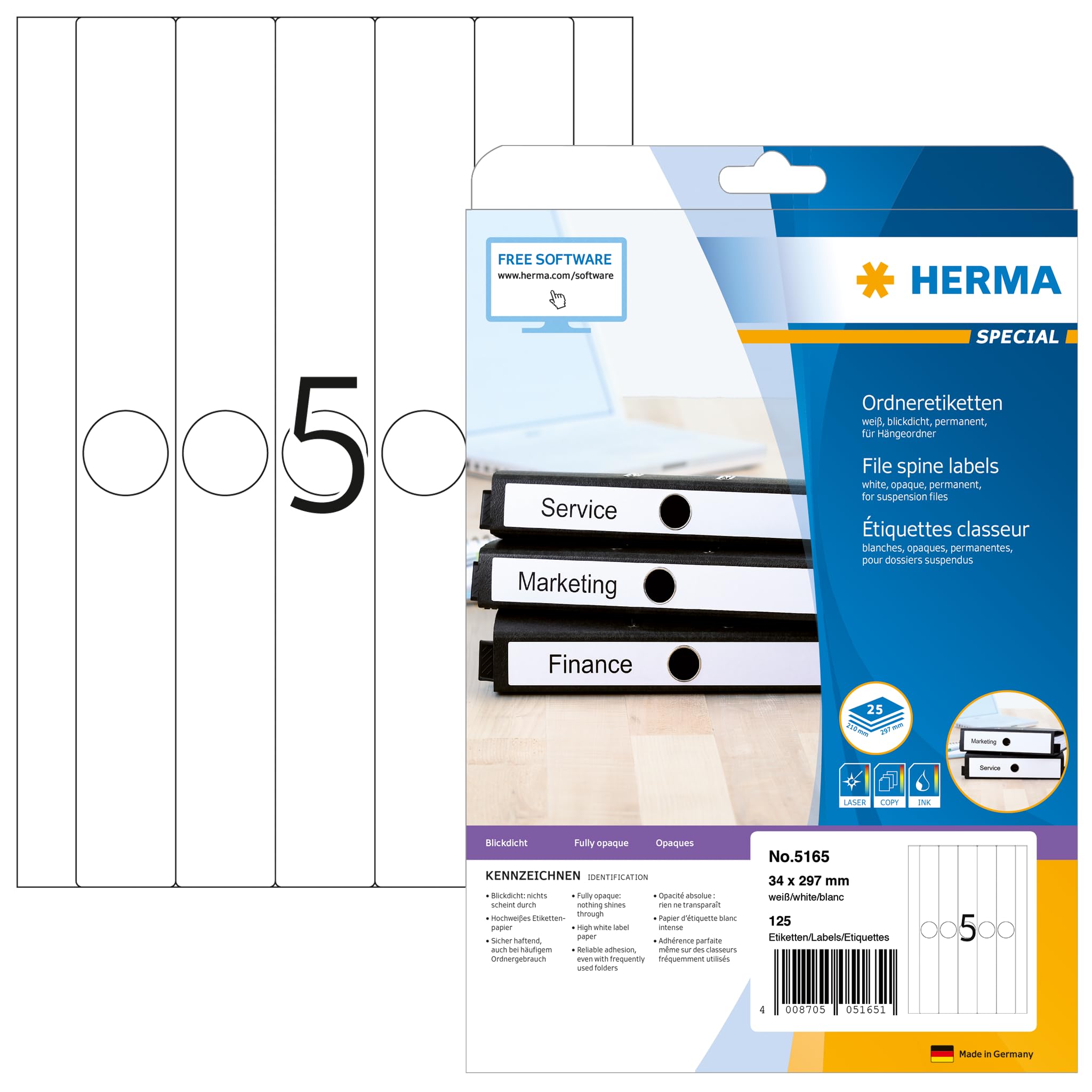 HERMA 5165 Etichette per cartelle sospese, formato DIN A4, opache, sottile/lunghe, confezione da 32 (34 x 297 mm, 800 fogli, opache), autoadesive, stampabili, etichette adesive permanenti per