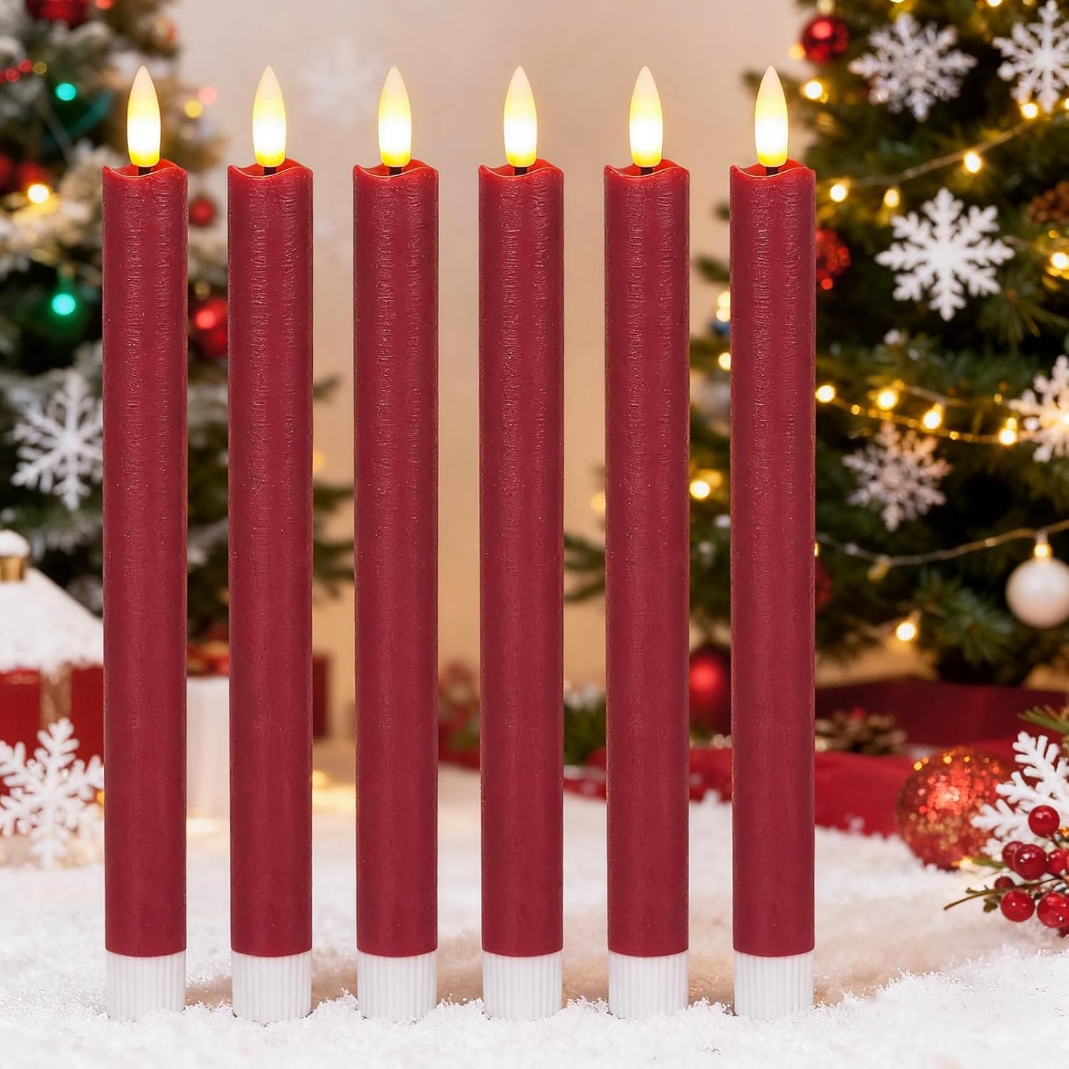 Christmas Red Flameless Taper Candles Flickering with 6H Timer