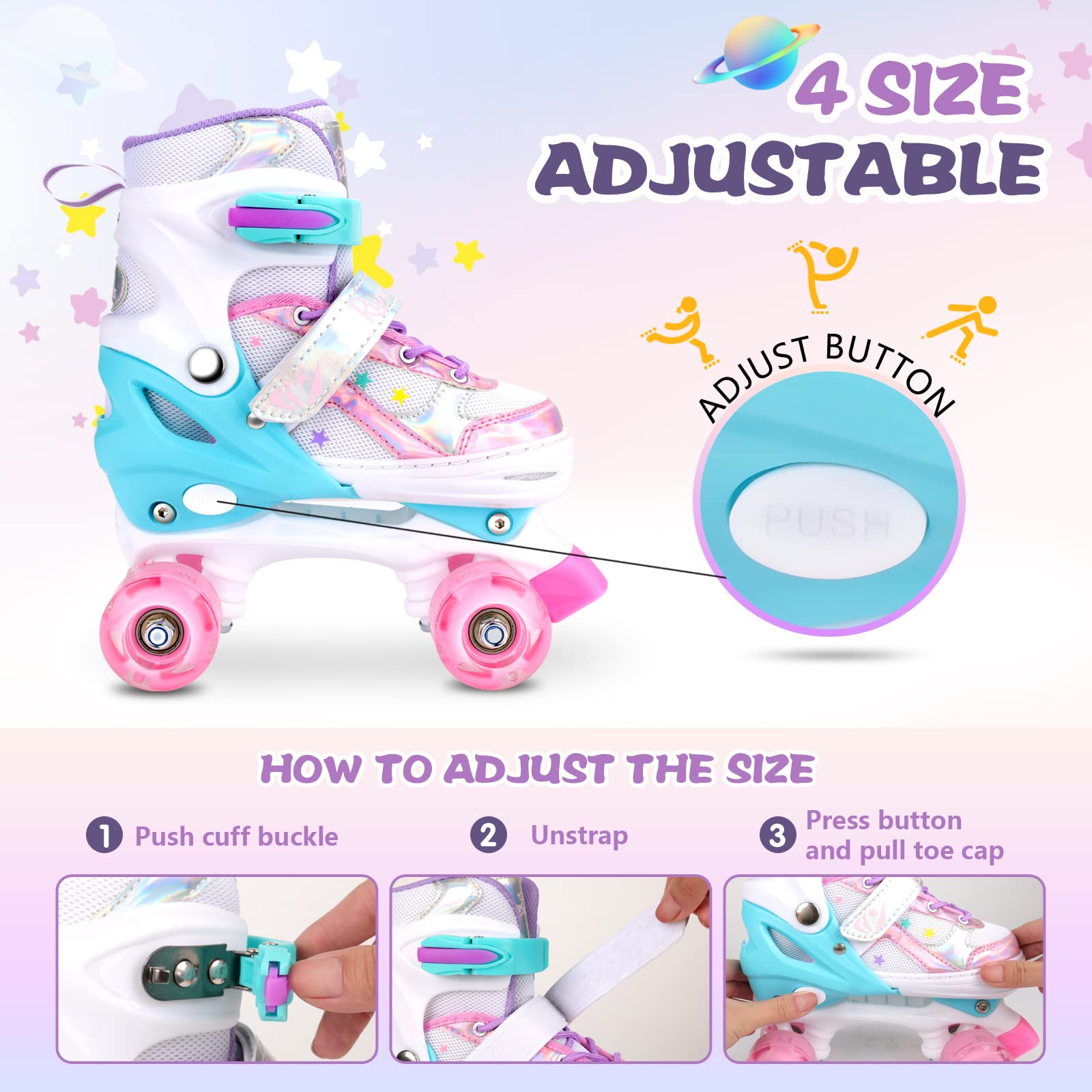 Runcinds Pattini a rotelle per bambini per bambine, bambini, ragazzi, 4 misure regolabili con ruote illuminate