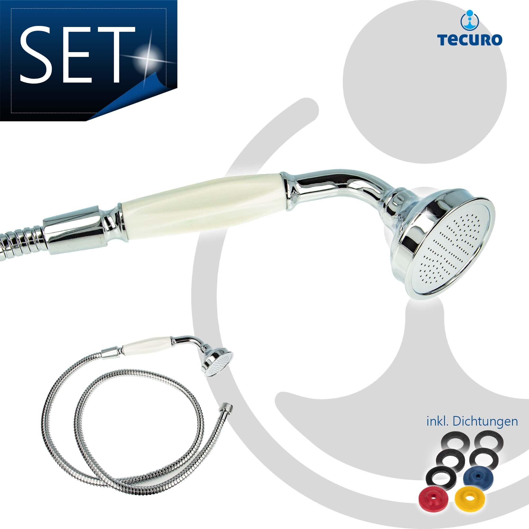 tecuro Nostalgie - Handbrause Ø 65 mm, 1-strahlig, mit 75 cm Metallbrauseschlauch verchromt