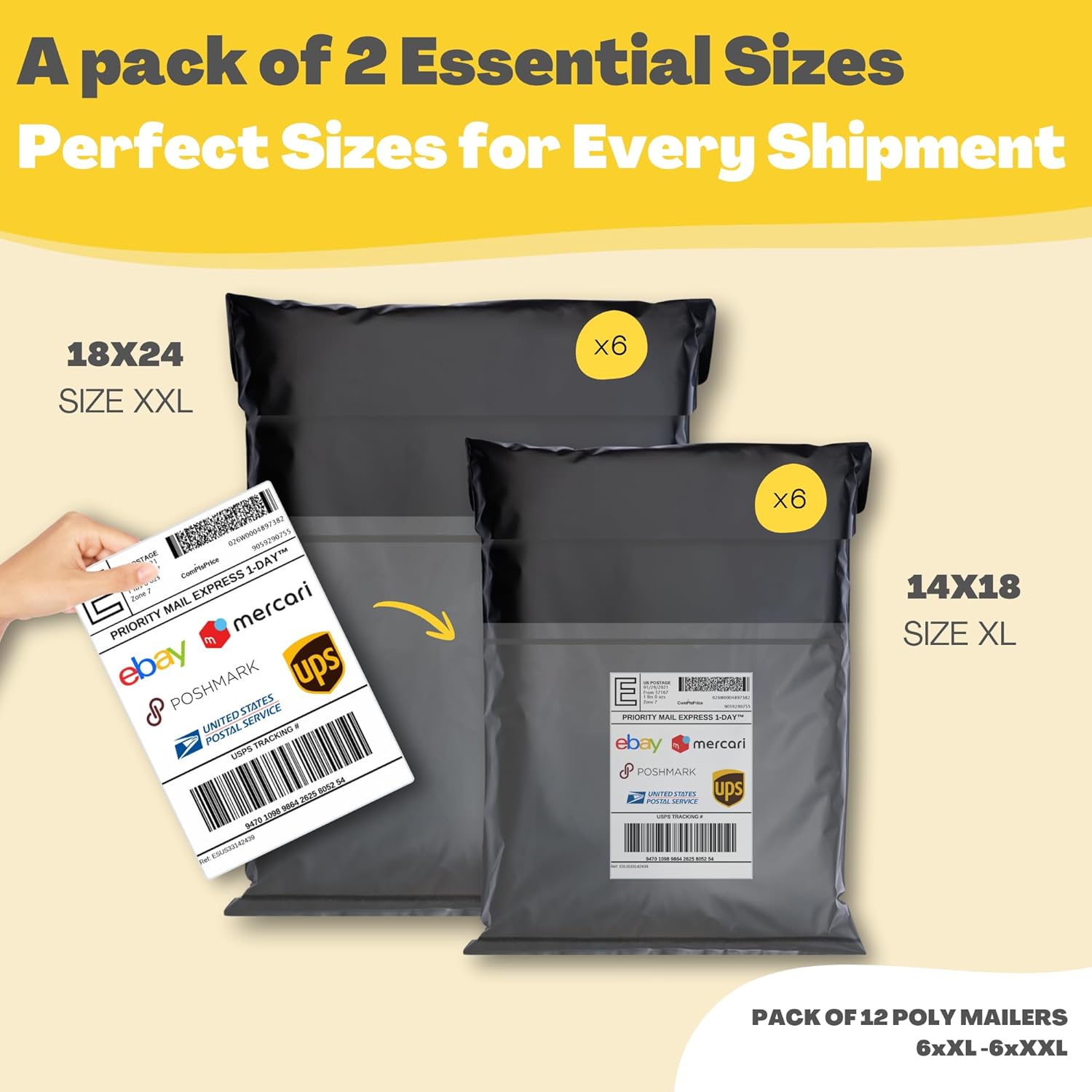 Shipping Bags (12 Pack) with Label Pouch - 14x18 & 18x24 - Poly Mailers for Clothes, Self-Seal Plastic Mailing Envelopes - Tear & Water-Resistant Packaging Bags for Clothing, Not Padded