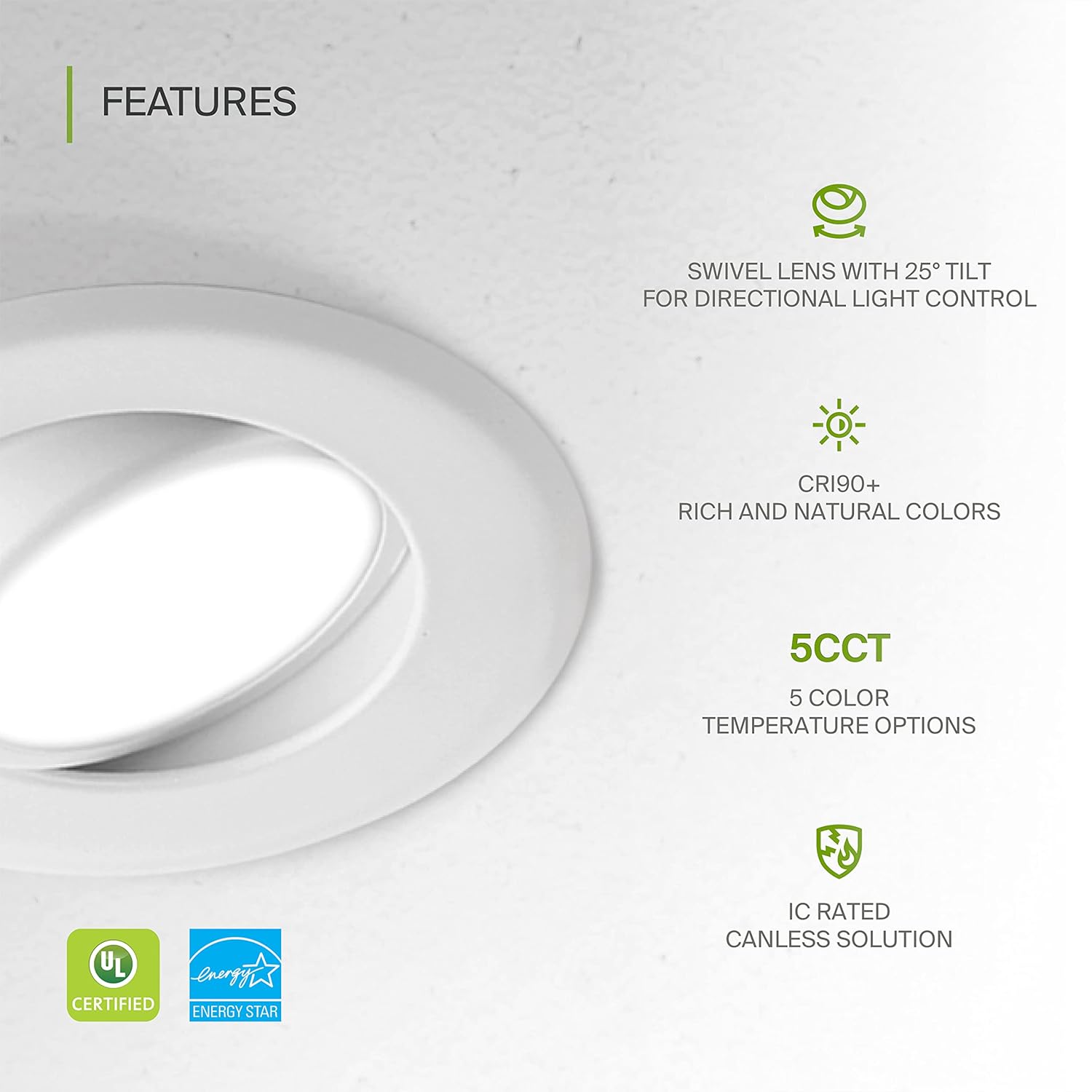 ASD 6 Inch Gimbal LED Recessed Light with Junction Box, 15W 1232Lm, 2700K/3000K/3500K/4000K/5000K Adjustable Directional Lighting, Dimmable Rotatable Slim Swivel Spotlight, UL Energy Star White 6 Pack