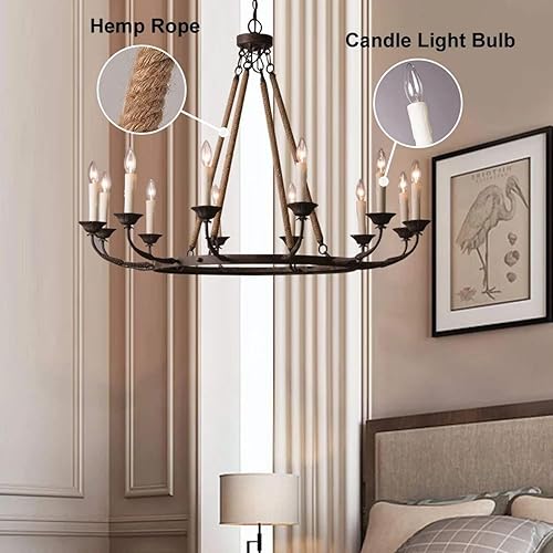 Miniatura 4 de LOVEDIMA Candelabros vintage para comedor, lámpara de techo de 12 luces, cuerda de cáñamo de lino y metal, candelabro redondo rústico en óxido