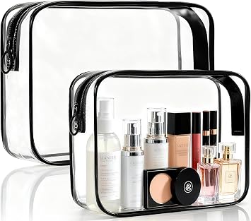Clear Makeup Bag, 2 Pack TSA Approved Toiletry Bag for Travel Size Toiletries, Quart Size Clear Cosmetic Organizer bag for Women Men, Carry on Airport Airline Compliant BagBlack-2pcs