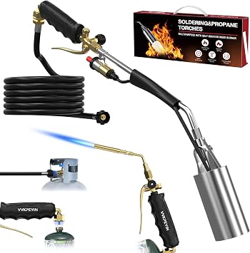 2-in-1 Propane Torch Weed Burner with Brazing Torch Tip,Heavy Duty Weed Torch with 12FT Hose, Self Igniter,Turbo Trigger,Long/Short Modes for Weeding,Roofing,Ice Melting, Soldering and BBQ