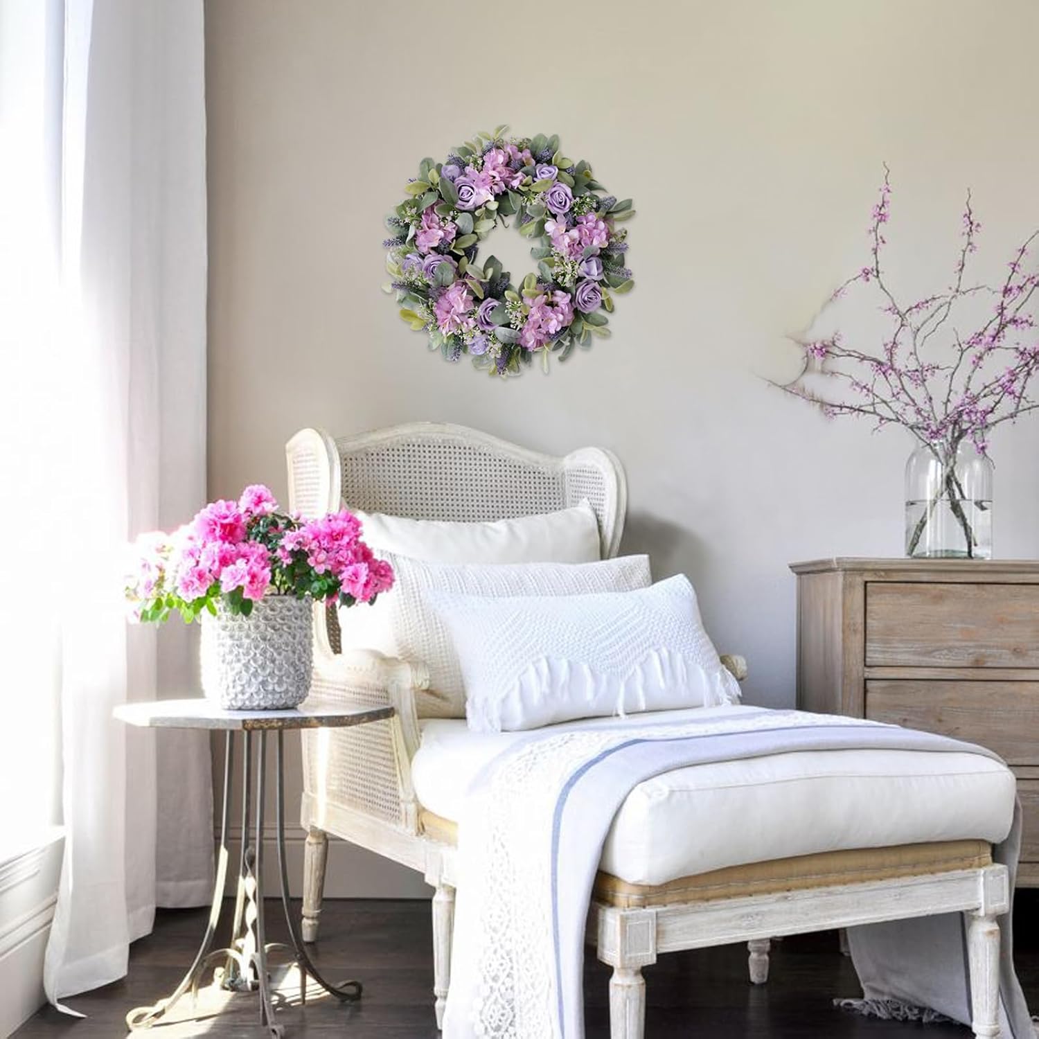 Artificial Spring Wreath for Front Door 22 Inch, Greenery Lamb's Leaves Summer Wreaths with Purple Hydrangeas Roses Lavender for Home Farmhouse Outdoor Indoor Party Wall Windows Decor