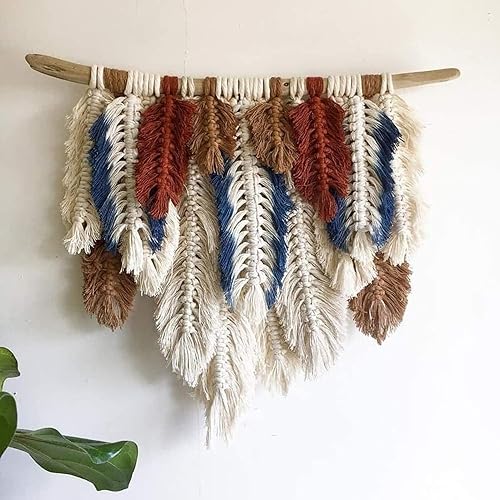 Riyyow Tapiz de macramé de plumas para colgar en la pared, bohemio y elegante con borlas, tejido hecho a mano, decoración de pared, decoración del