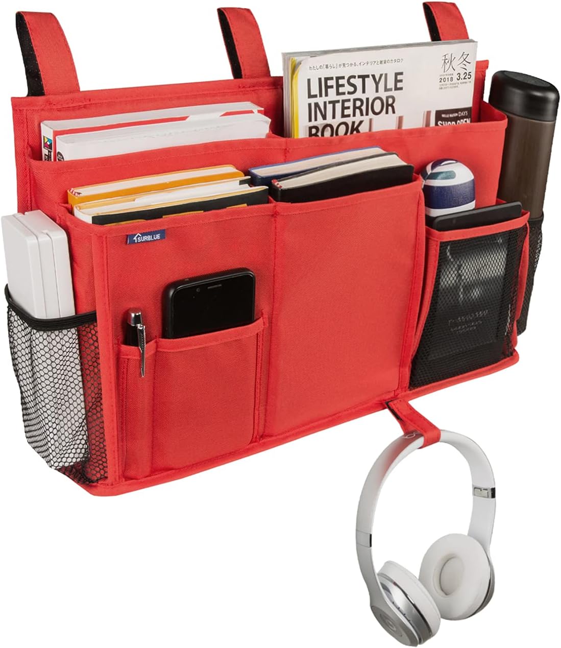 Surblue Caddy Hanging Organizer Bedside Storage Bag for Bunk and Hospital Beds Red, L, Large - Image 3
