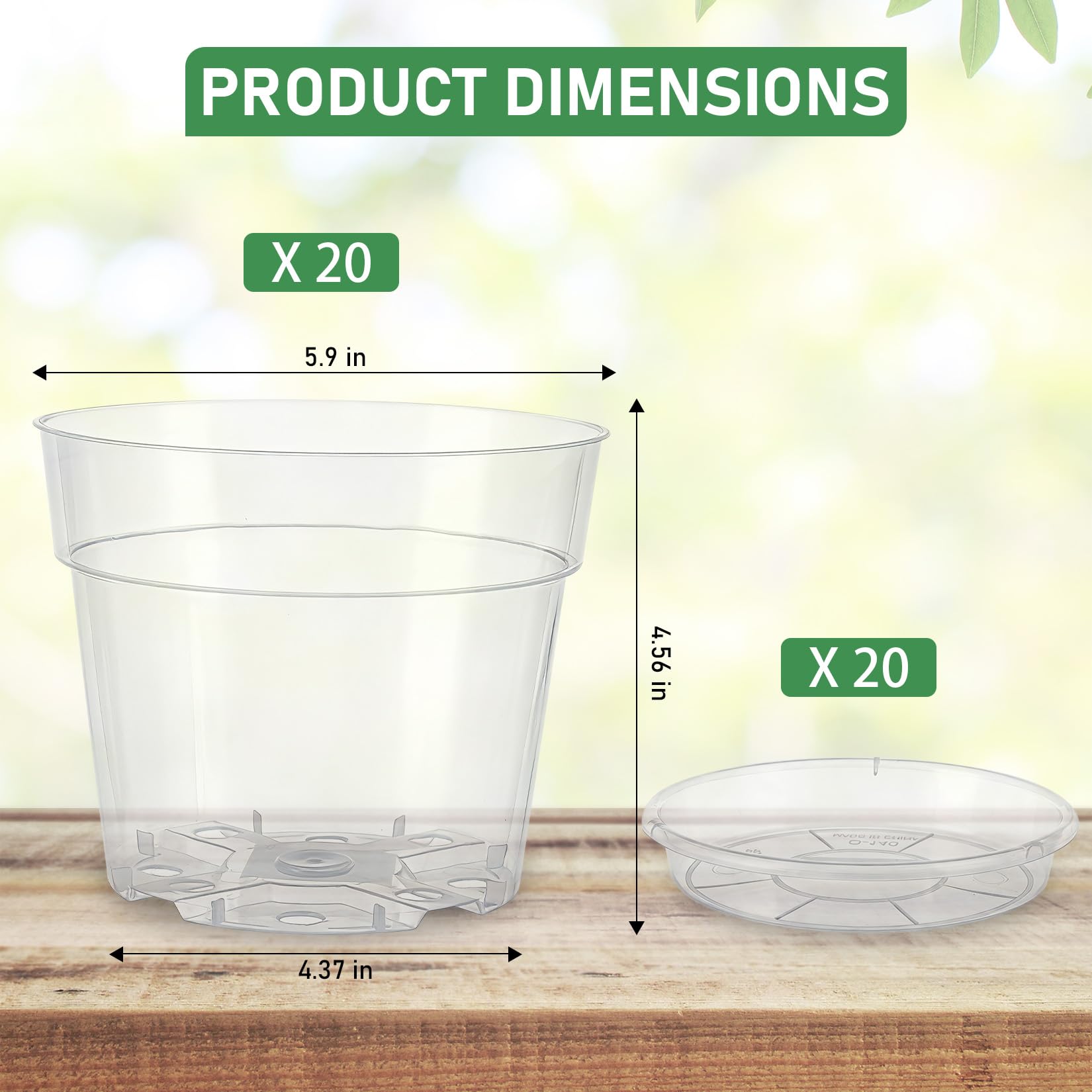 Garvee Lot de 20 pots de fleurs transparents de 15,2 cm avec soucoupes, pots de fleurs en plastique épais avec trous de drainage, pots de fleurs transparents pour intérieur et extérieur