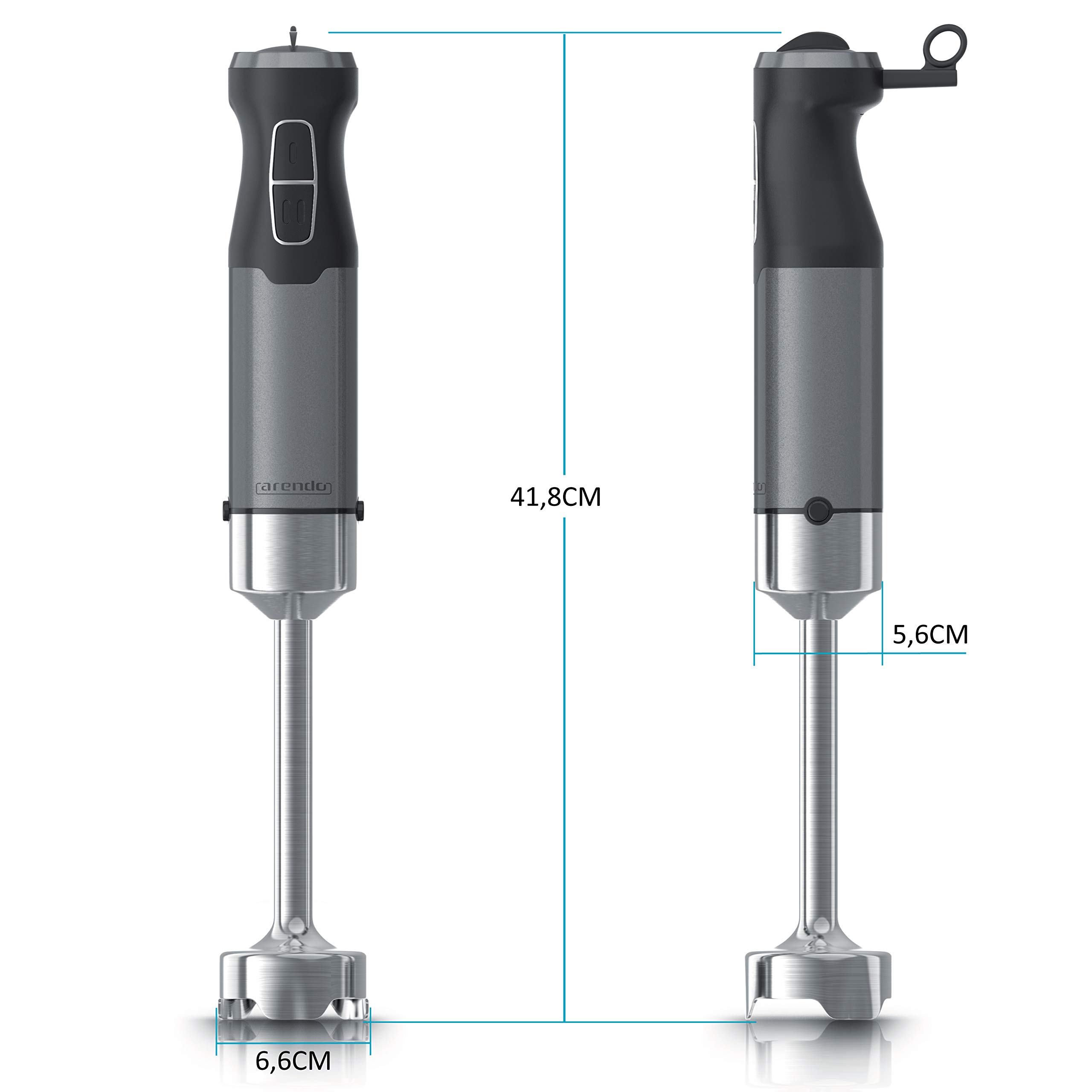 Arendo - Stabmixer 1000 Watt Edelstahl - vierflügeliges Messer - Pürierstab - stufenlose Geschwindigkeitsregelung - Turbotaste - Abnehmbarer Mixfuß - Cool Grey Design