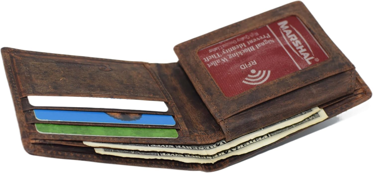 Men’s RFID Blocking Wallet – Christian Cross Design, Vintage Leather Bifold (Brown)