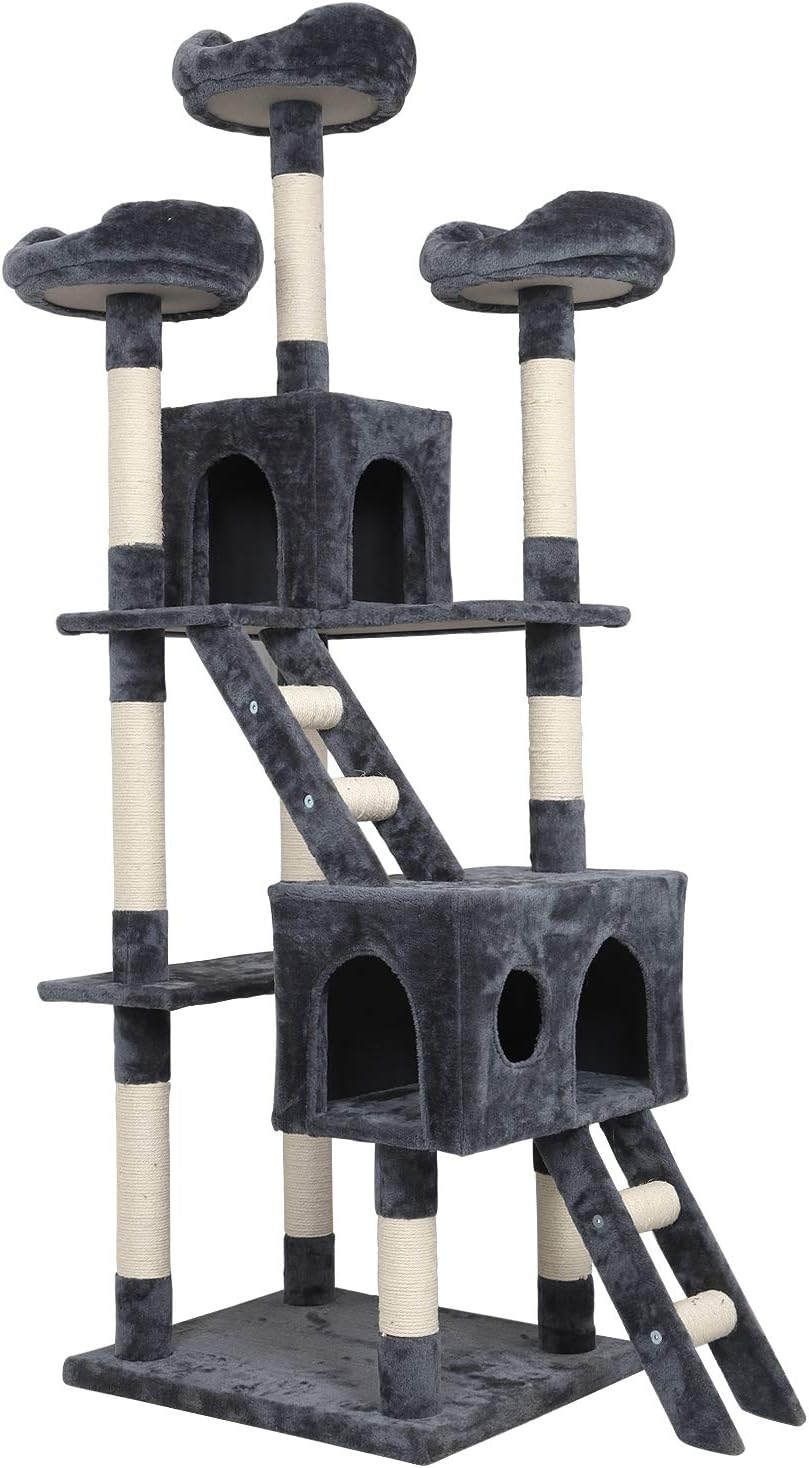 Meerveil Cat Tree Cat Tower,Tall Cat Scratching Post,Stable Pet Palace Cat Palace with Two Cat Cave ,Three Platforms and Two Climbing Ladders