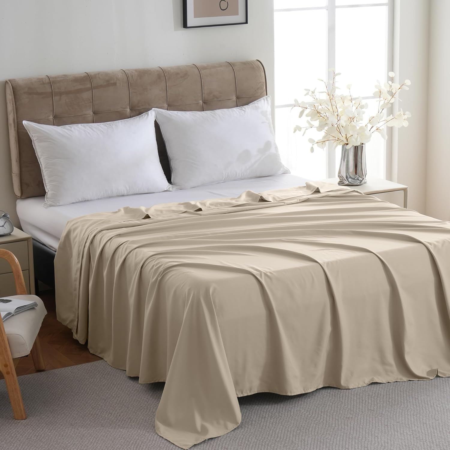 ZPECC Bulk Flat Sheets Only Queen Size 6 Pack, Easy Sort Top Bed Sheet by Color-Coded Label, Soft Durable Brushed Microfiber Fabric Hotel Airb&bs Essentials for Hosts, 90"x102", Beige