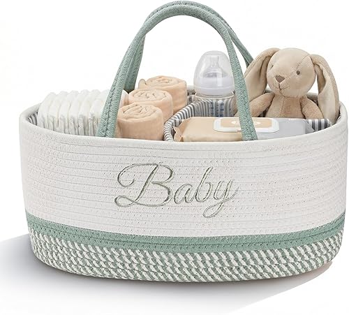 Miniatura 8 de DUHEL Organizador de pañales con asa, cesta de bebé para organizador y almacenamiento de pañales, artículos esenciales para recién nacidos, 3 Blanco