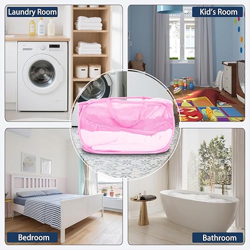 Miniatura 8 de Cestas de lavandería plegables duraderas, cesta de lavandería desplegable de malla con bolsillo práctico, cesta plegable de gran espacio con asas de