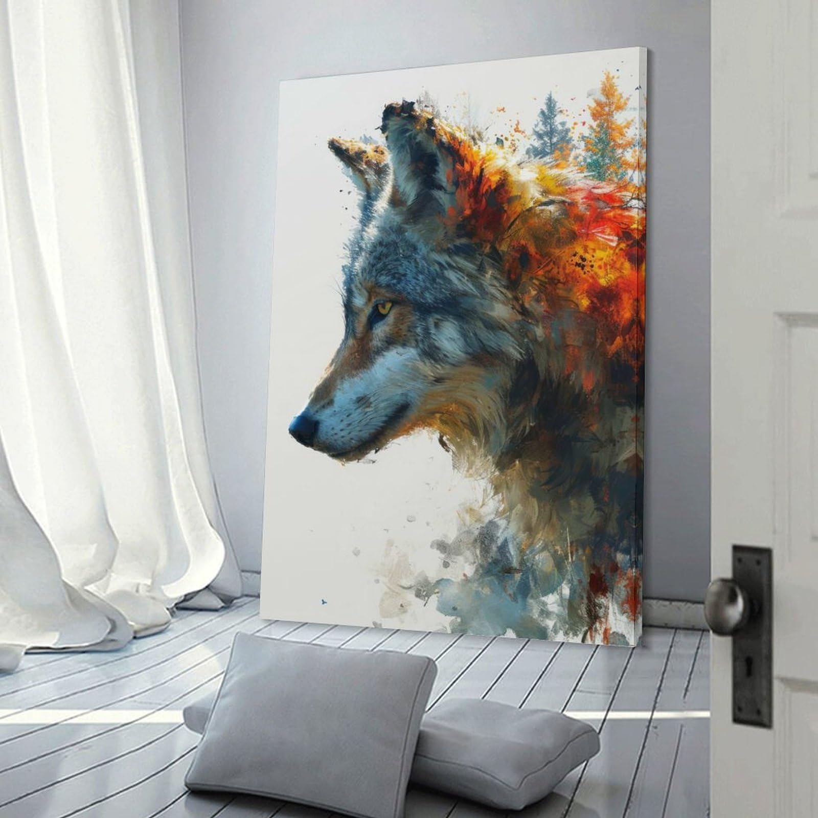 Junmoney Frame-Style-8 Home Decor Wall Art Wolf Watercolor Painting, 24X36inch(60X90cm), For Bedroom Decor, Cosy Corners Or Studios, Decorative Wall Art For Cosy Rooms