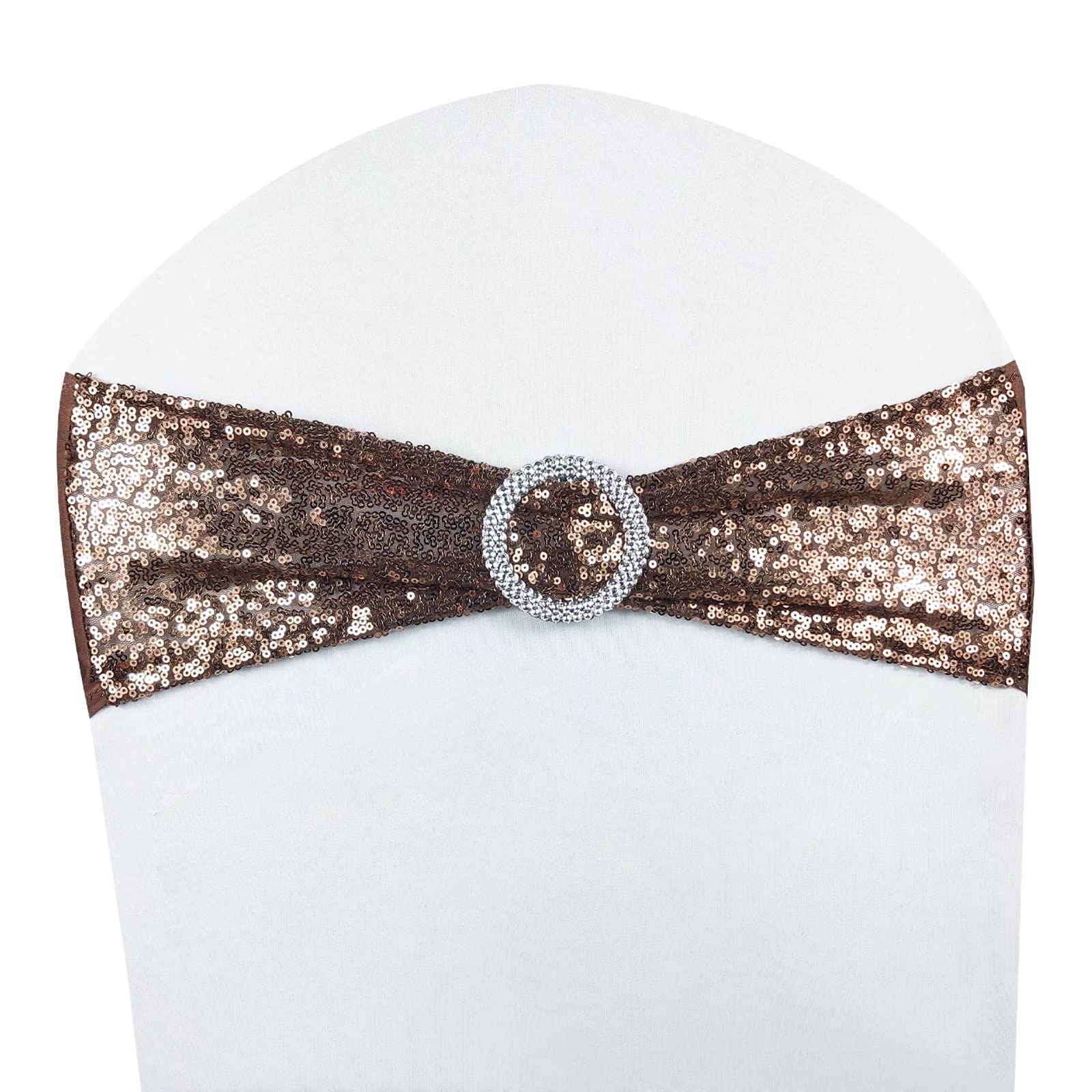 MYS QiQi Pack of 20 Stretch Sequin Chair Sashes, One-Sided Sequin with Buckle, for Wedding Party Chair Cover Decoration, Stretch Spandex Chairs Bands (20 PCS Coffee)