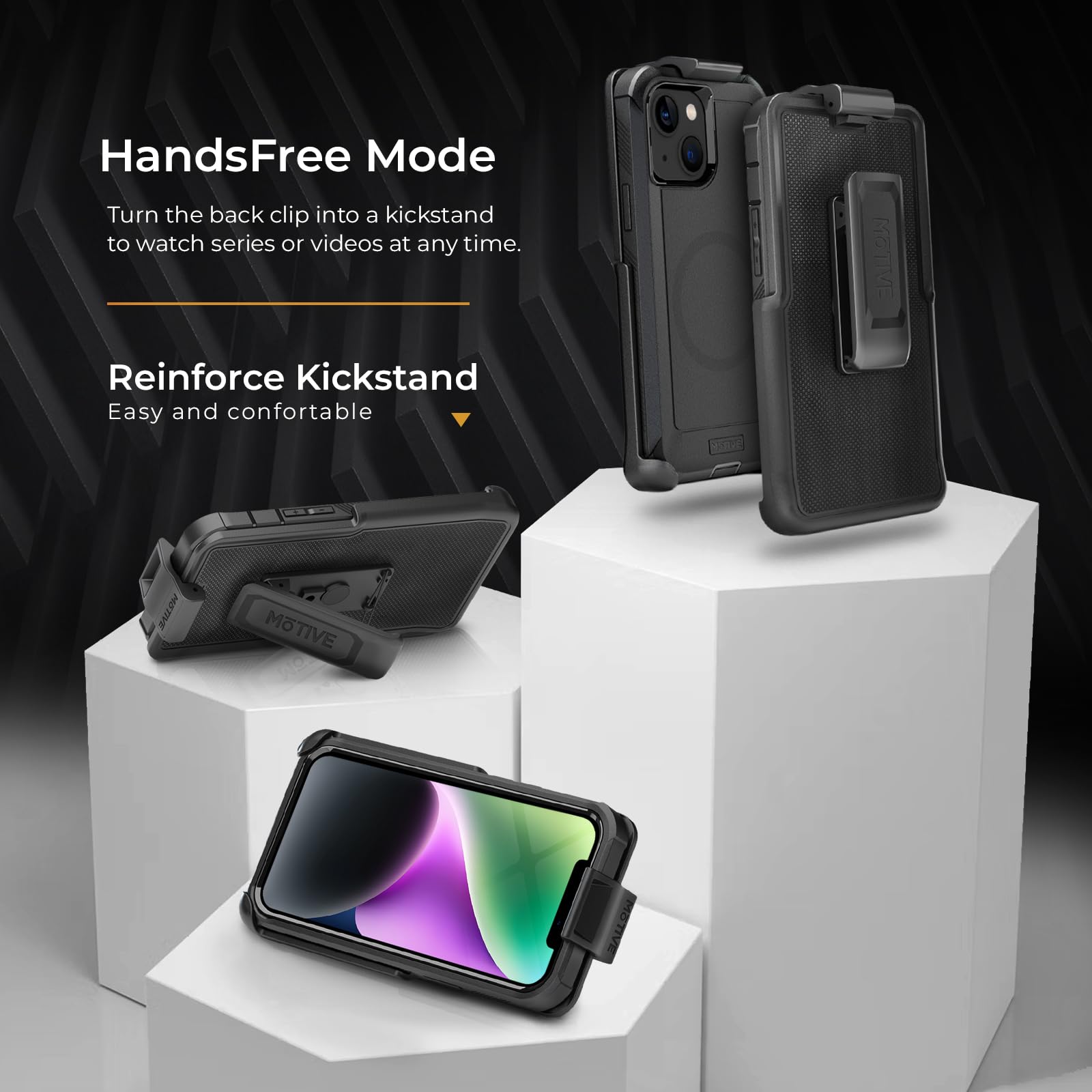 Motive Coque pour iPhone 15 avec Clip Ceinture, Coque magnétique Compatible MagSafe, Robuste et Protection de qualité Militaire à Quatre Couches pour iPhone 15, 6,1 Pouces, Noir