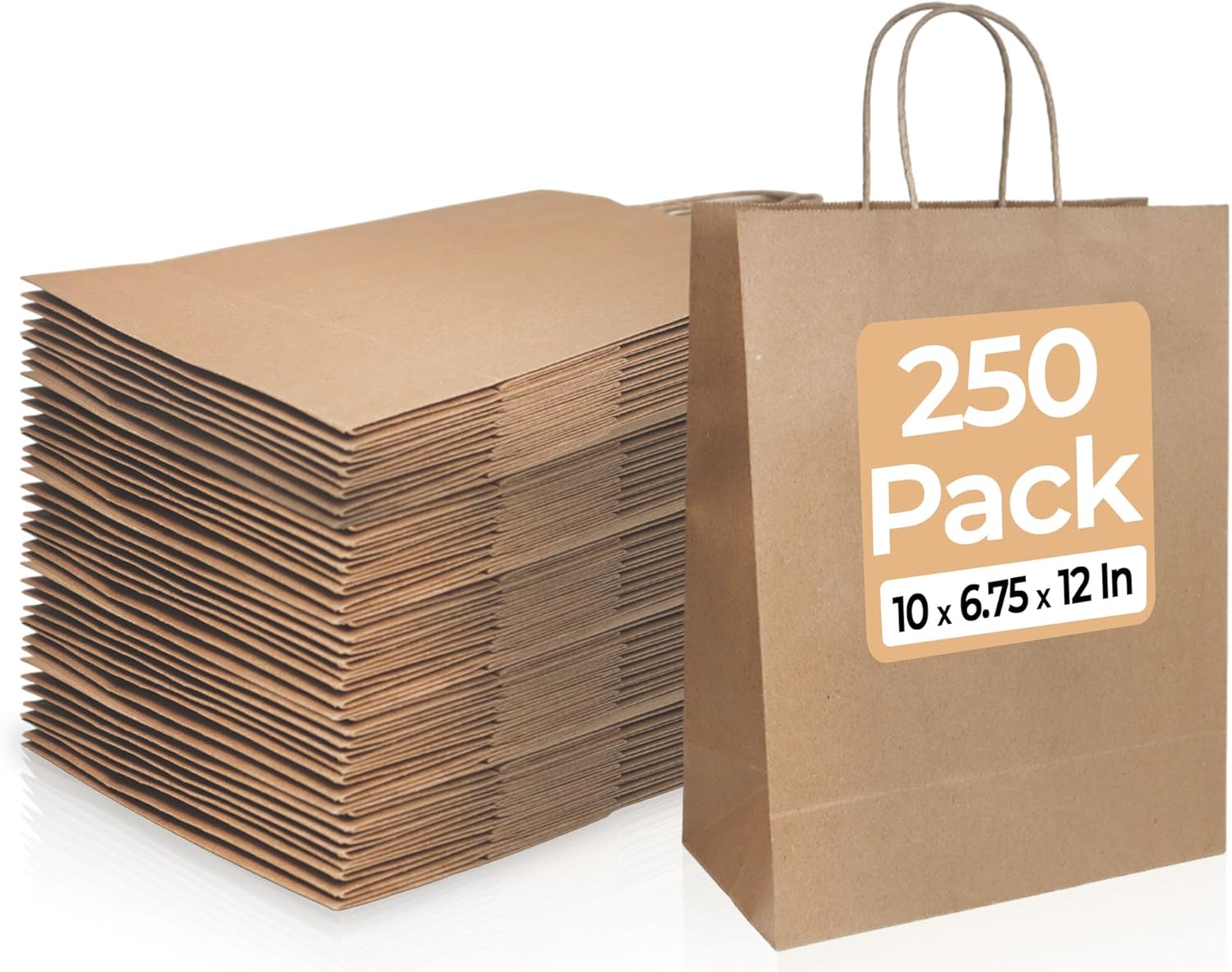 Bagtron 250 Kraft Paper Bags 10"x6.75"x12" with Twisted Handles for Take-Out, To-Go, Retail Business, Restaurant, Shopping, Craft Gift Bag, 100 GSM, Brown