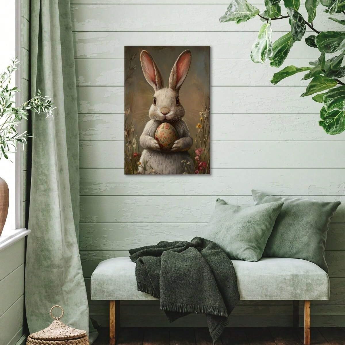 AIHNBF Encantador conejo de Pascua lienzo con huevo de flores – lindo conejo blanco estampado animal para decoración de primavera y vacaciones, 50 x 75 cm