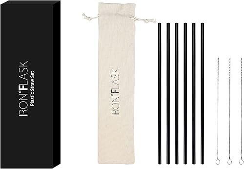 IRON FLASK Pajitas reutilizables  6 popotes de acero inoxidable o plástico con puntas de silicona flexibles, 3 cepillos de limpieza y estuche de