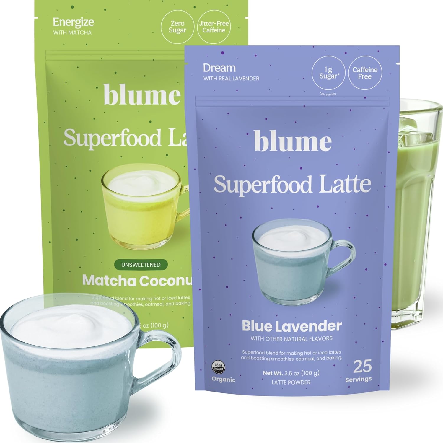 Blume Matcha Coconut & Blue Lavender Latte Powder Variety Pack - Organic Superfood Boosters for Lattes, Coffee - L-Theanine, Blue Spirulina, Moringa, Coconut Milk - Organic, Keto Friendly, Vegan, Sugar Free - 50 Servings