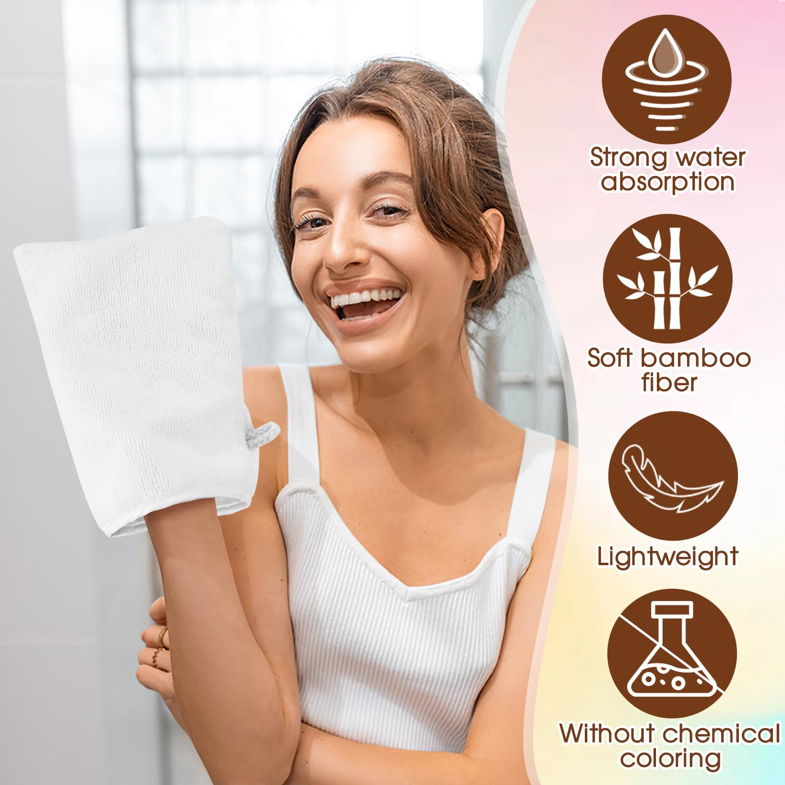 Qichan 10 Pcs Facial Mitts, 15 x 21cm Soft Bamboo Fiber Wash Mitts Body and Face, Reusable Makeup Remover Gloves - Image 3