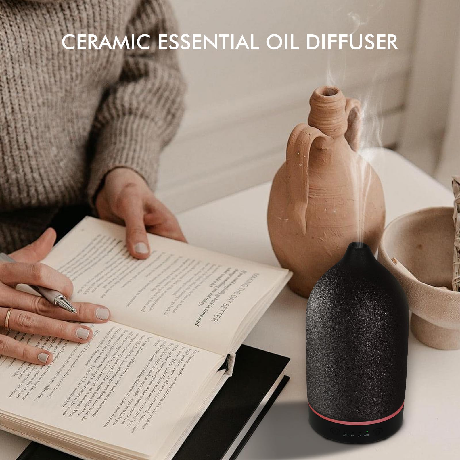 Diffusore di oli essenziali in ceramica, diffusore per aromaterapia da 150 ml, per oli essenziali, con timer e luce LED a 7 colori, diffusore di aromi ad ultrasuoni, con spegnimento automatico