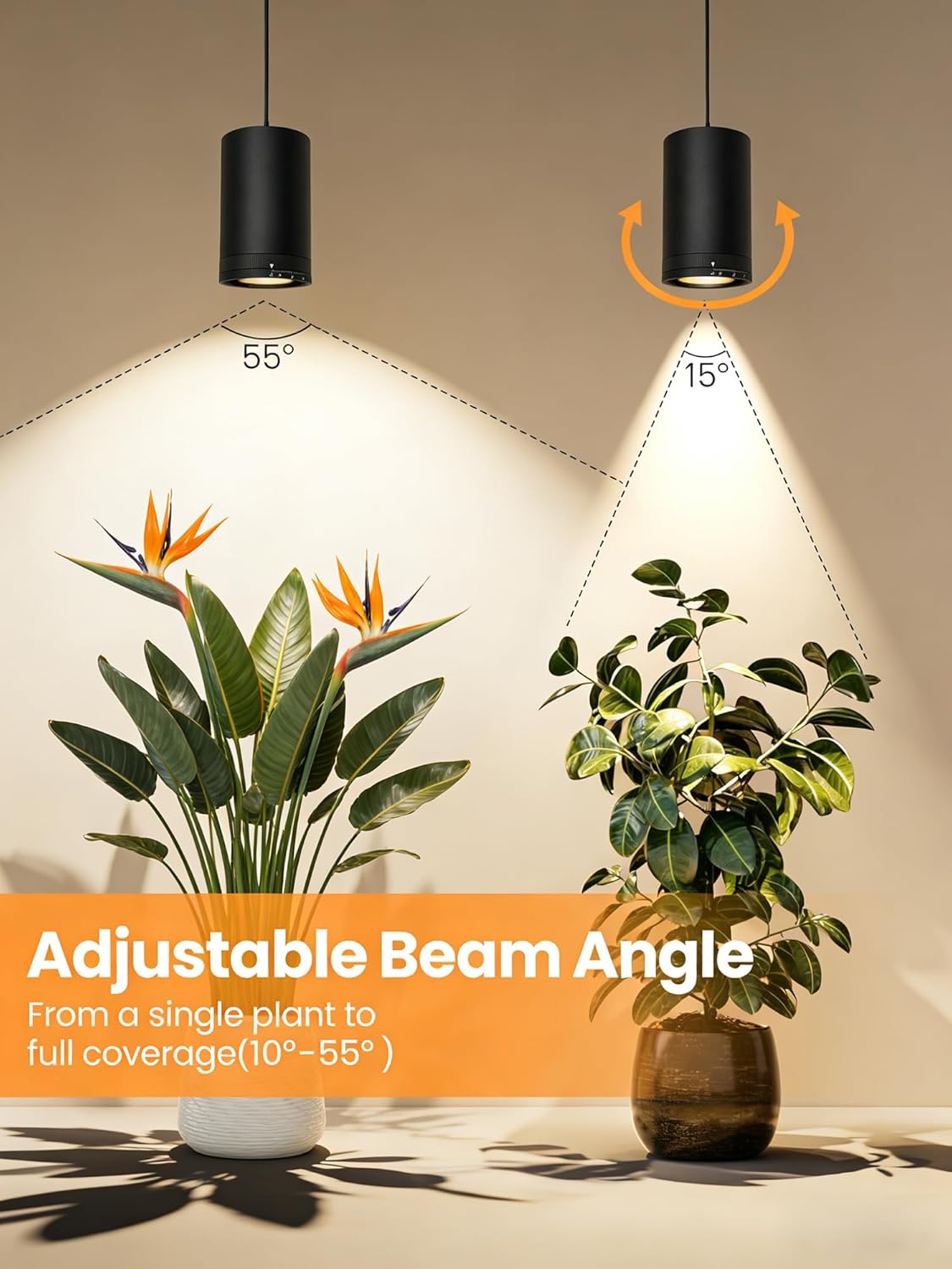 Retractable Hanging Grow Light for Indoor Plants, 35W High-PPFD Full Spectrum Pendant with Mechanical Timer, Adjustable Beam Angle (10°-55°) & Height, CRI 98+ LED for Seedlings to Trees