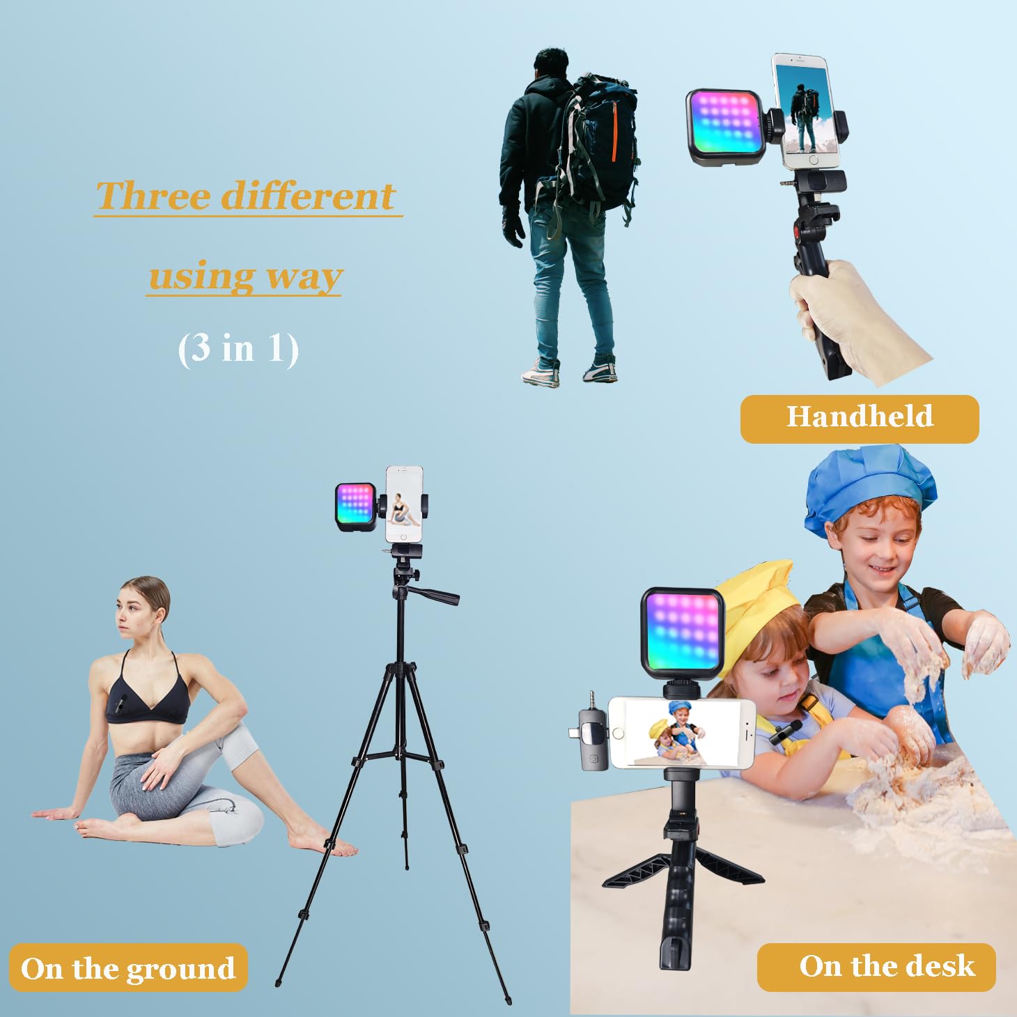Vlogging Kit pour iPhone Andriod Phone, Kit Youtuber Complet, kit vidéo Influenceur Trípode móvil W/micrófono inalámbrico/Luz RGB/remoto/trípode Extensible