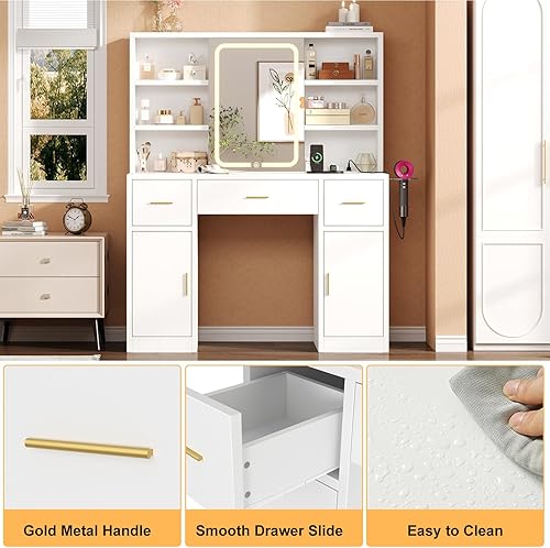 Miniatura 9 de Escritorio de tocador con espejo deslizante y luces LED, mesa de maquillaje inteligente con estación de carga, soporte para secador de pelo, 7