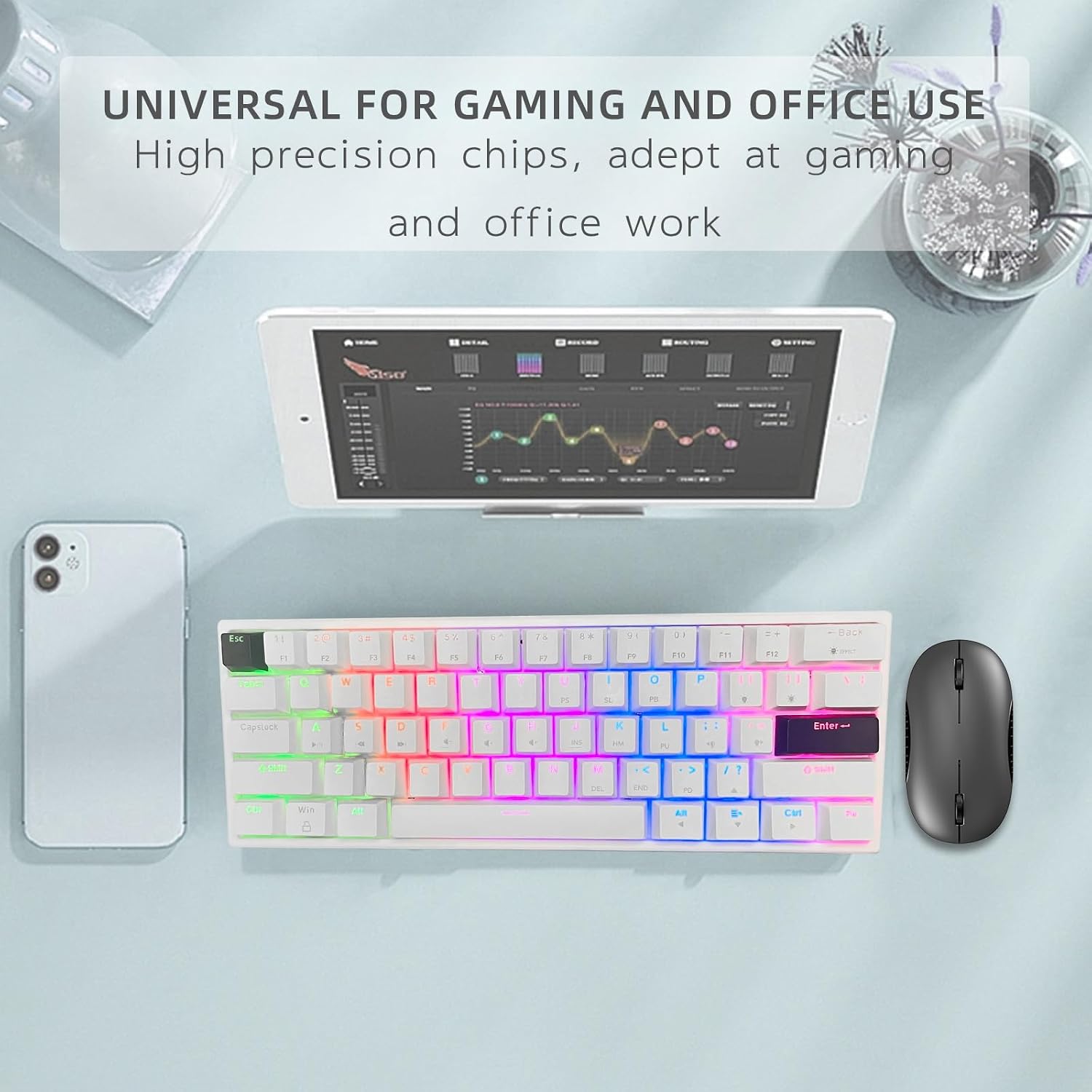 ONE-UP Portable 60% Mechanical Gaming Keyboard LED Backlit Compact 61 Keys Mini Wired Office Keyboard with Blue Switch PBT Keycaps for Windows Laptop PC Mac.（White/Black）