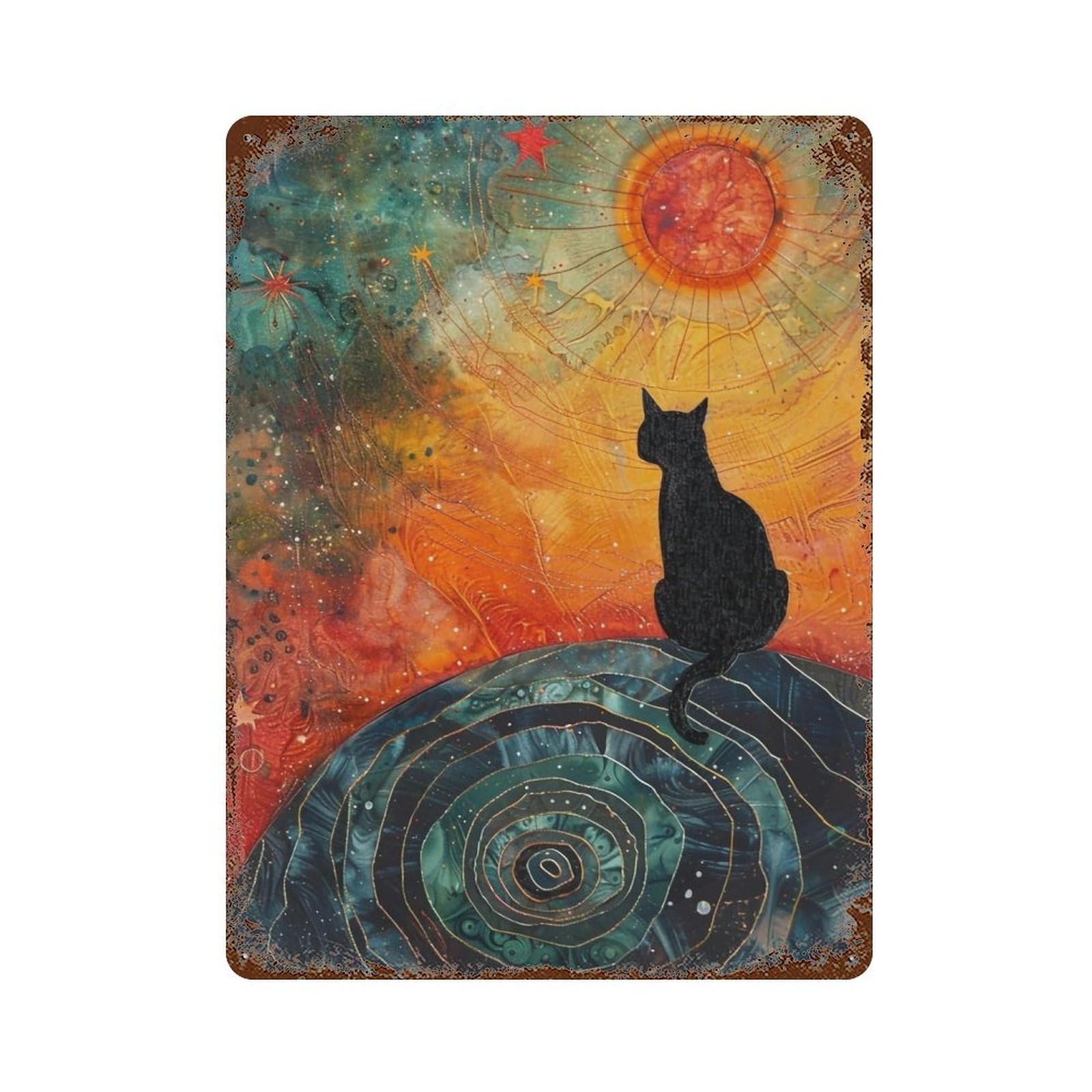 YHGERTKU Cat on Earth Watching The Sun 04 Wall Retro Iron Vintage Art Metal Tin Sign Poster Modern Decor for Living Rooms 40x30cm