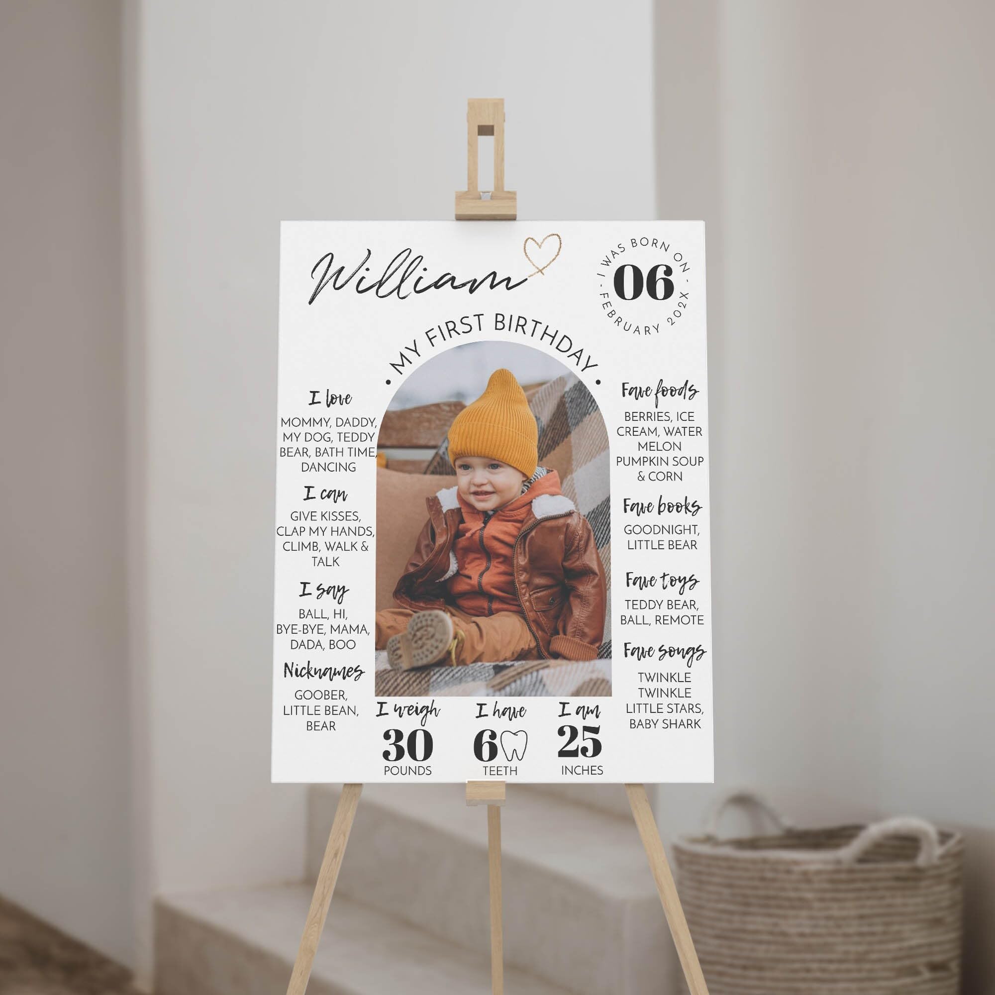 Generic Personalized First Birthday Milestone Sign, Modern 1St Birthday Milestone Poster, One Year Photo Baby Milestone Board CV128_HAQCVPM3085, Design 010