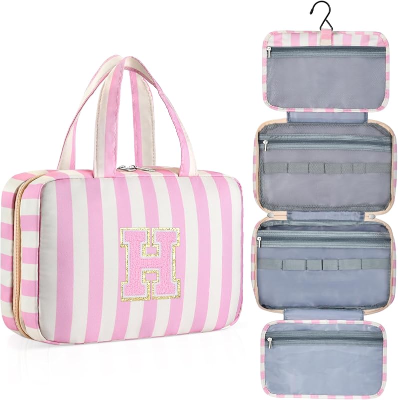 Necessaire para viagem ISPbag com gancho, estampa listrada rosa e inicial H, MA6002