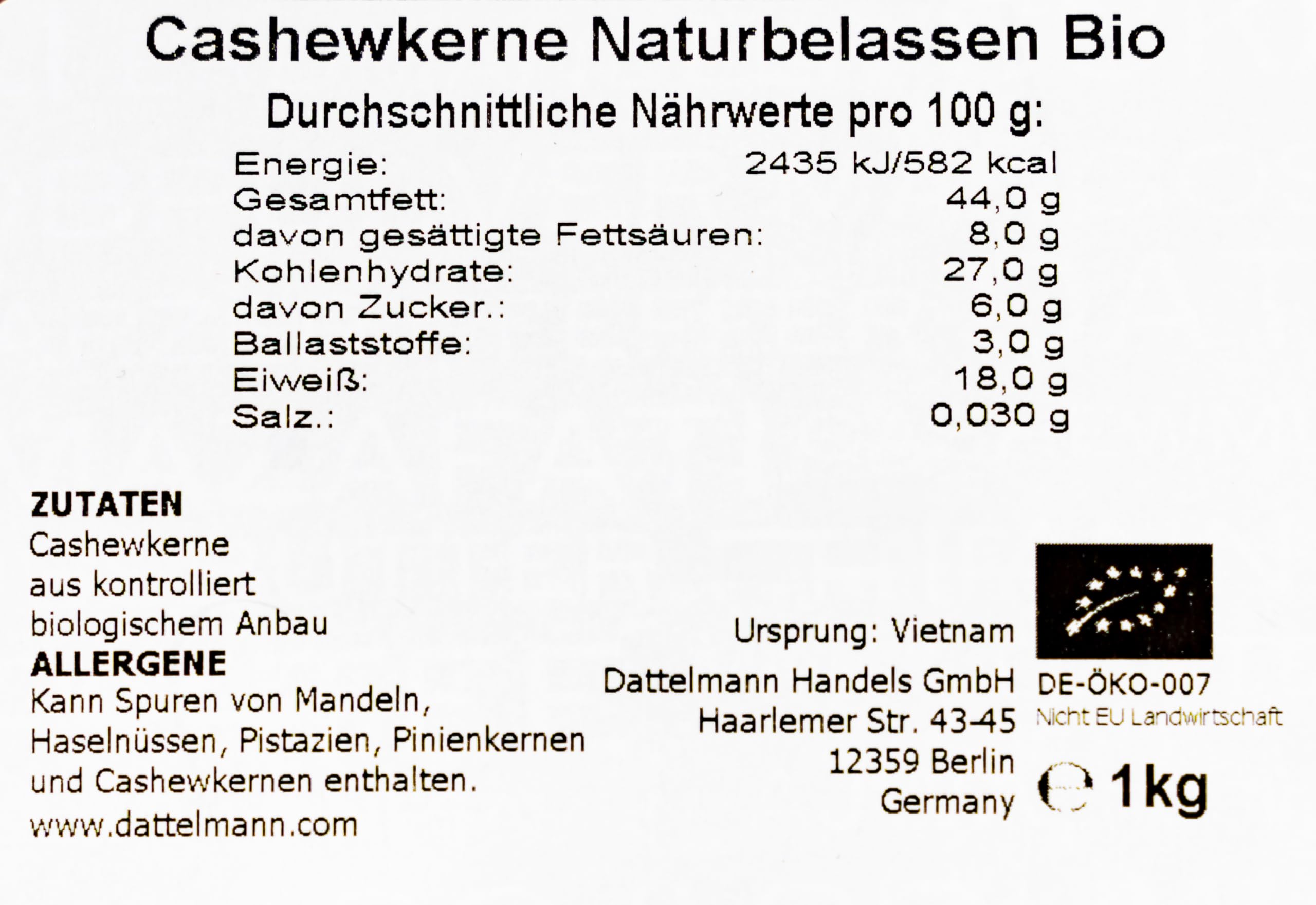 DATTELMANN® - Bio Cashewkerne 1KG - Ganze Cashewnüsse - Roh & Unbehandelt - Premium Nüsse