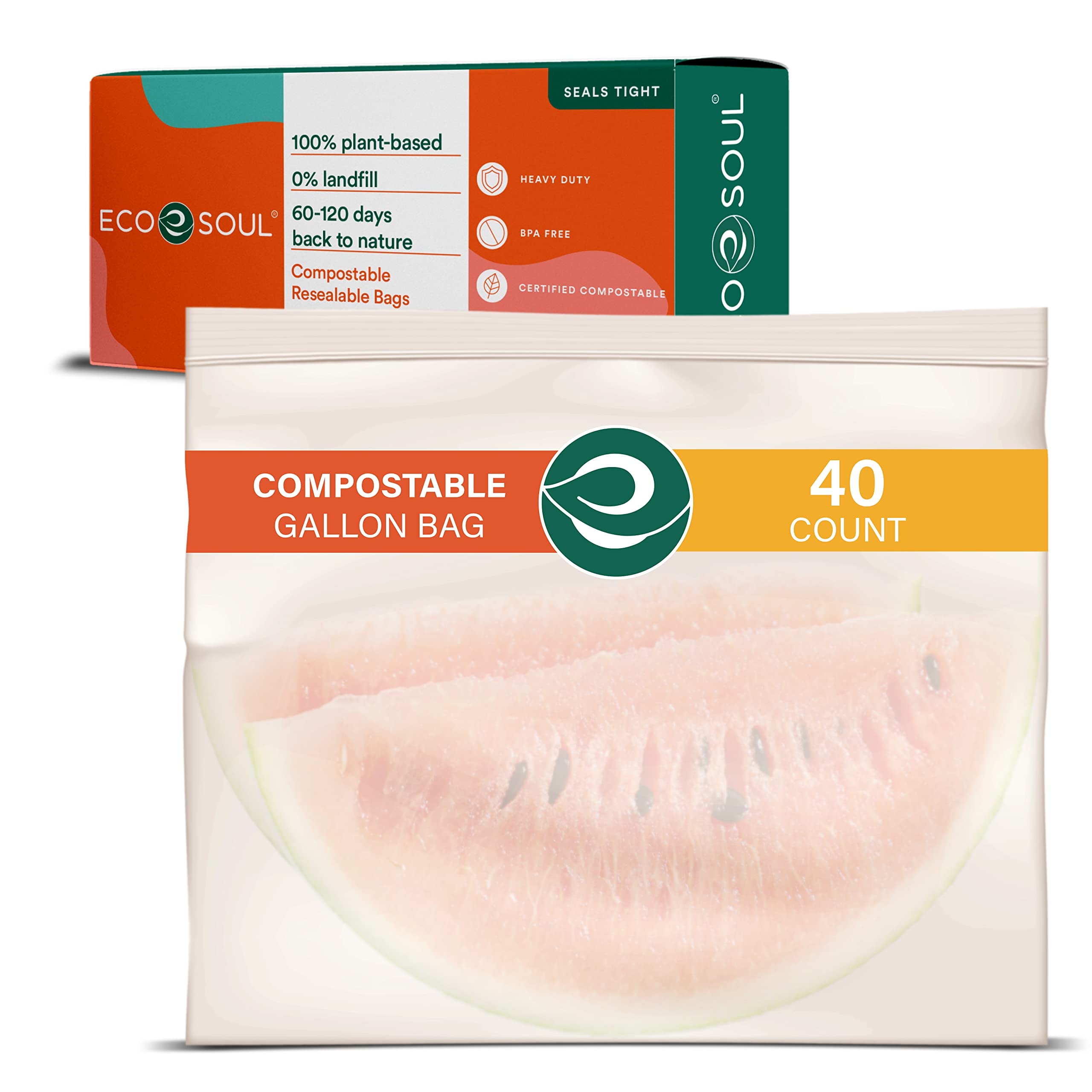 ECO SOUL100% Compostable Gallon Bags [40 Counts] Resealable Bags, Freezer Bags, Eco-friendly Zip Bags, Leakproof Bags, Biodegradable Bags for Food