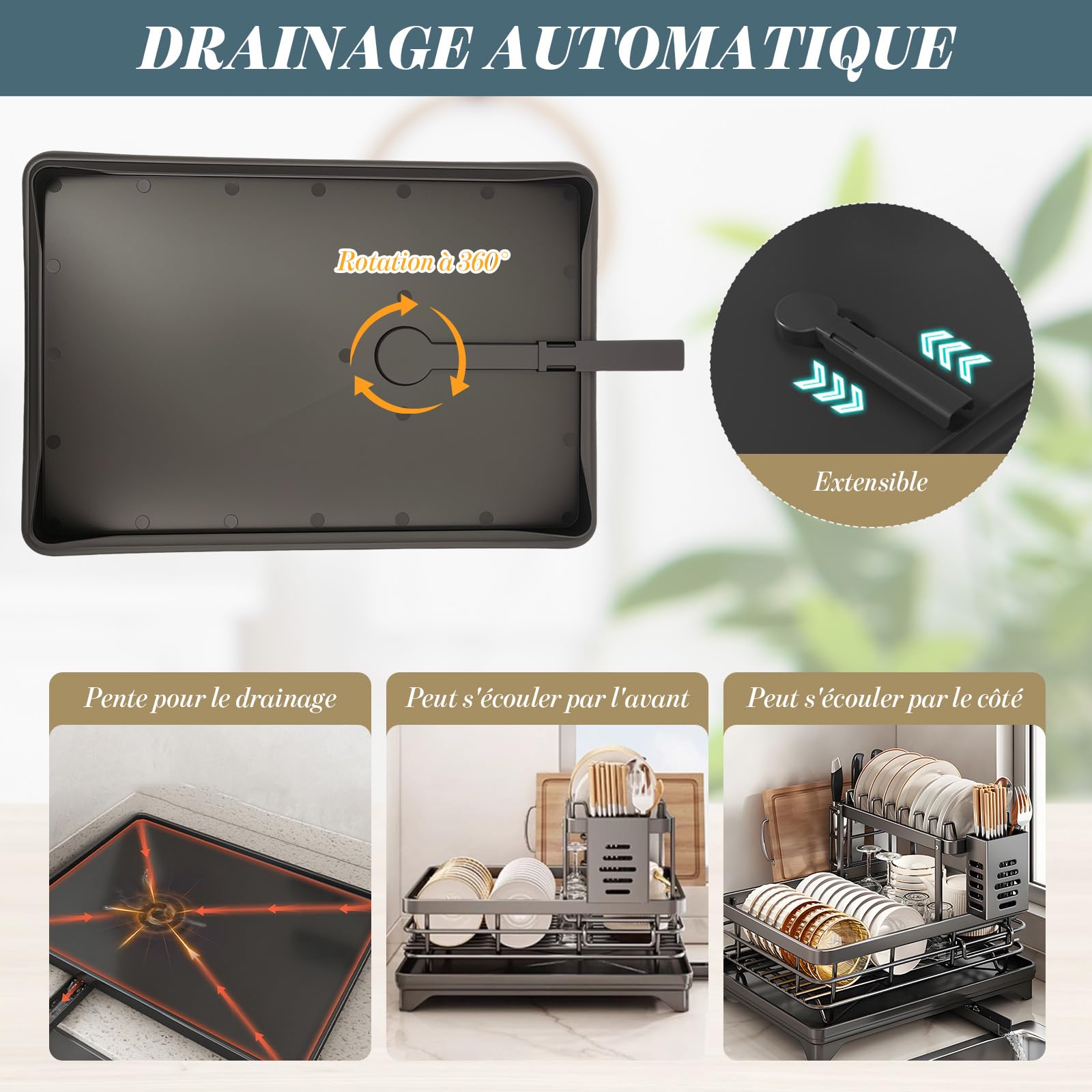 ZYNERY Grande Capacité Égouttoir à Vaisselle Noir, Egouttoir Vaisselle 2 Niveaux avec Plateau d'égouttage, Drainage Automatique Rangement Vaisselle Cuisine pour Comptoir de Cuisine
