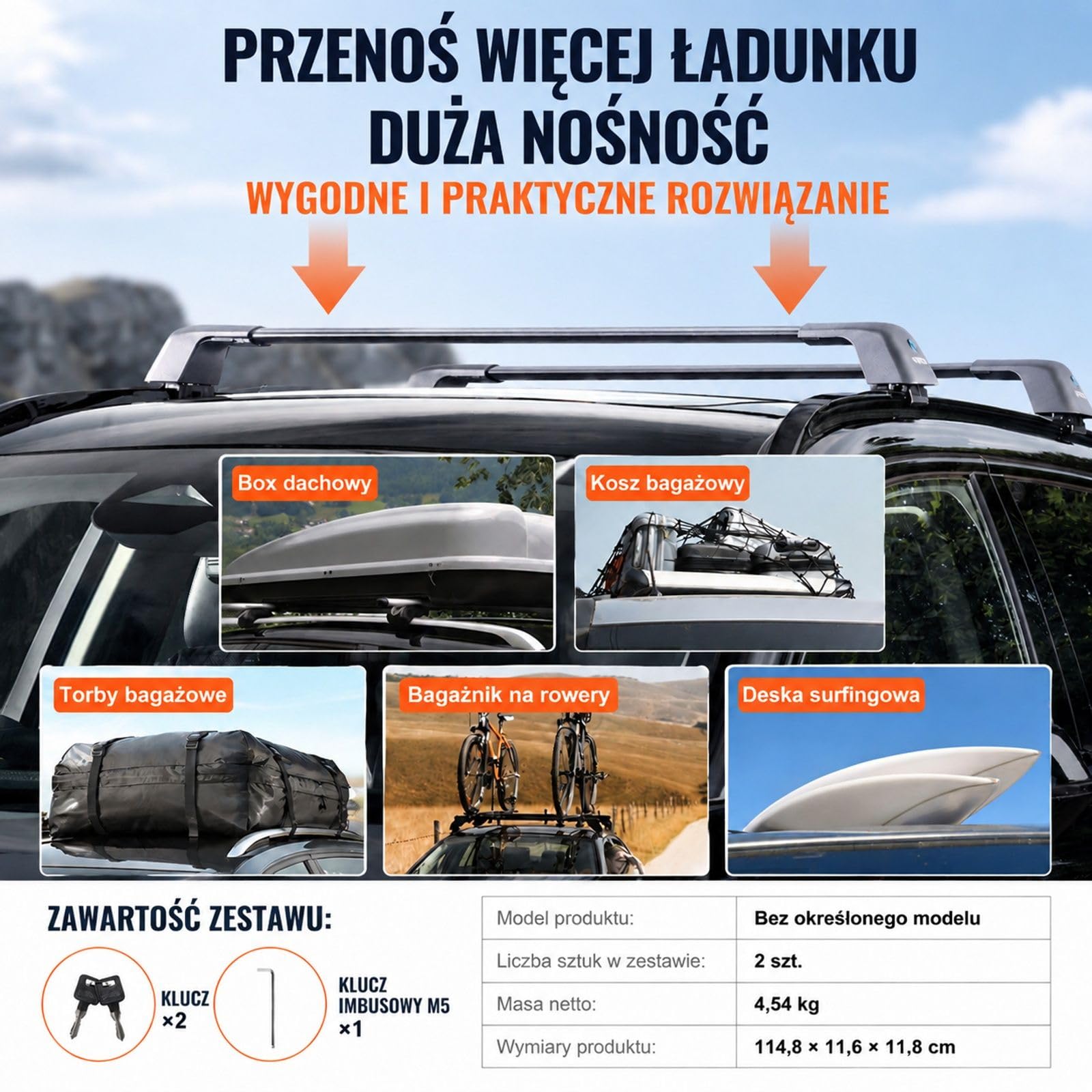 Uniwersalne aluminiowe belki dachowe, 2 sztuki, czarne, do aut z podniesionymi relingami i bagażem podróżnym