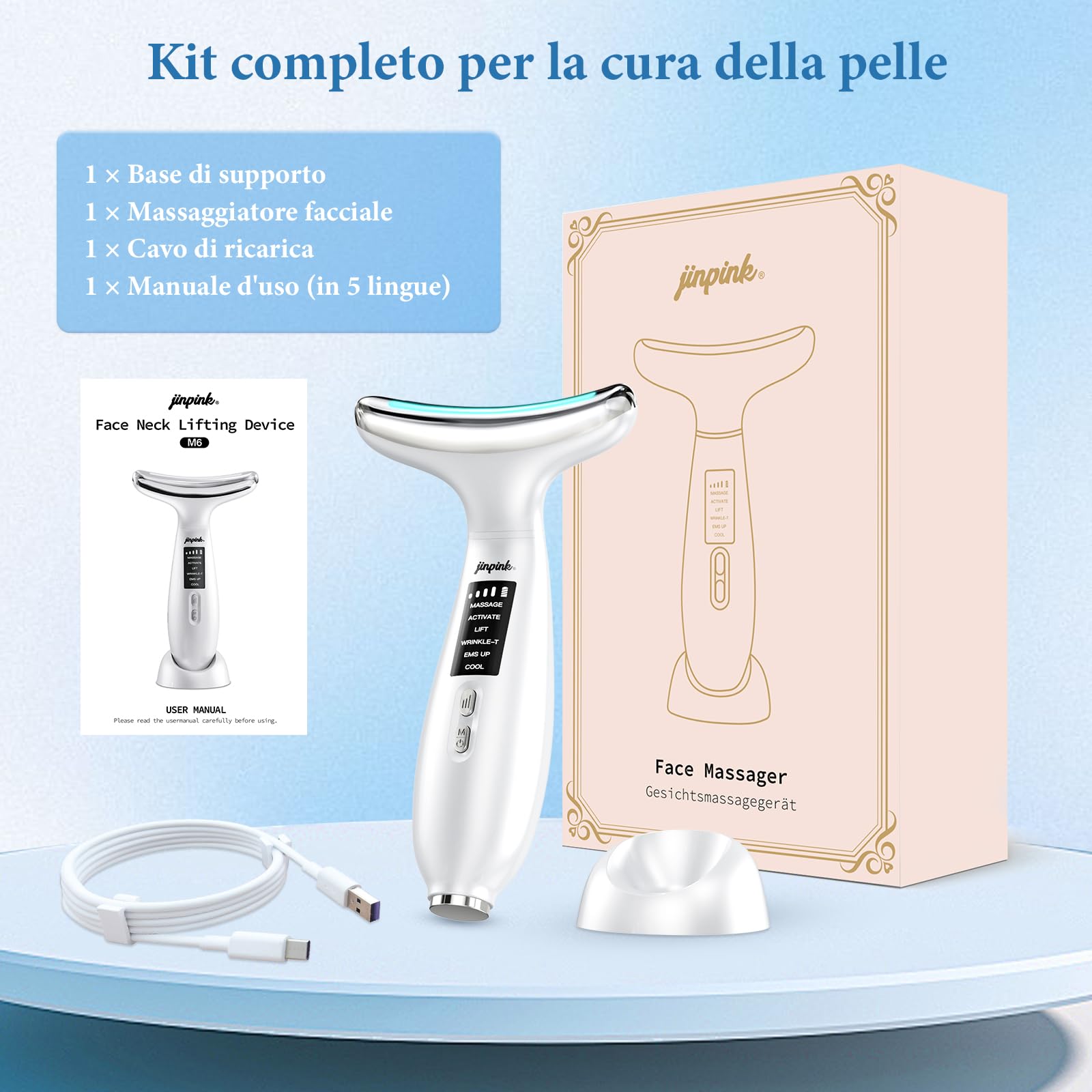 Massaggiatore Viso Elettrico Antirughe Lifting: Trattamento Caldo 45℃ e Freddo 5℃, 6 Modi 7 Colori LED EMS Gua Sha