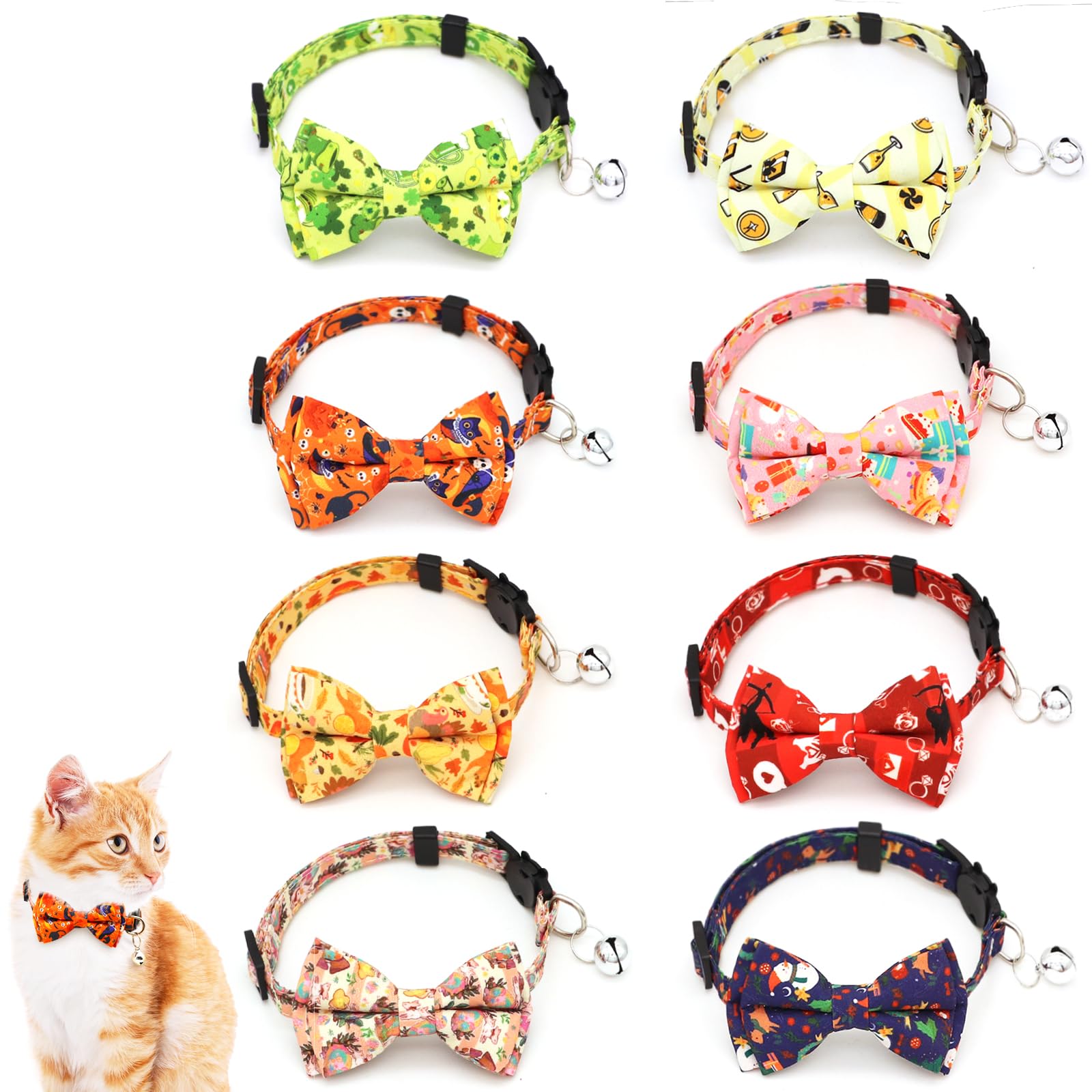 COMSUN 8 Pack Polyester Cat Collars with Bowie Bow, Breakaway Kitten Collars with Removable Bell, Adjustable Cat Collars for Girls Boys Cats, Cartoon